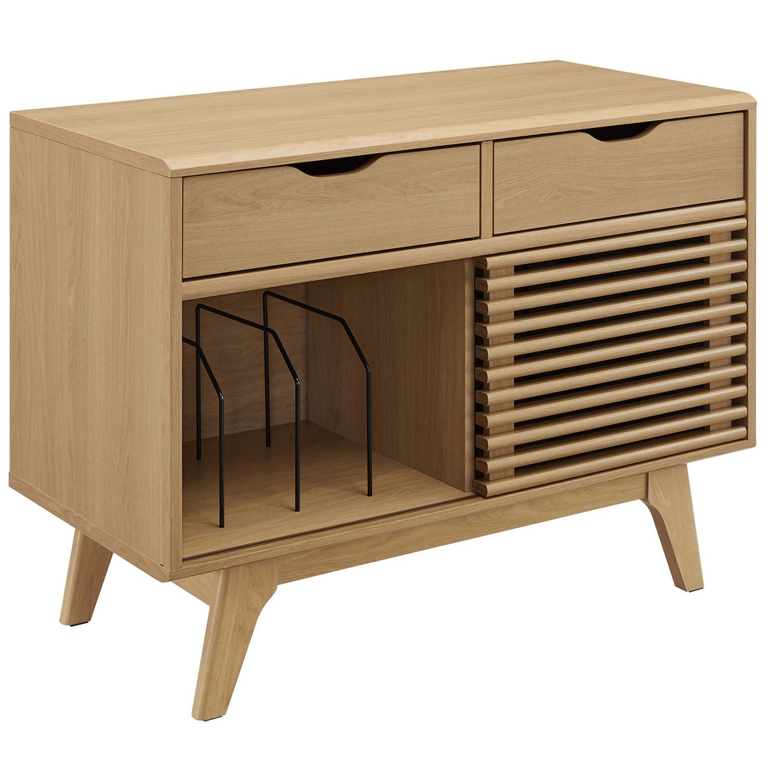 Oak finish record stand with smooth wood grain, tapered legs, and streamlined storage for turntable setups || EEI-4323-OAK || front_angle_studio