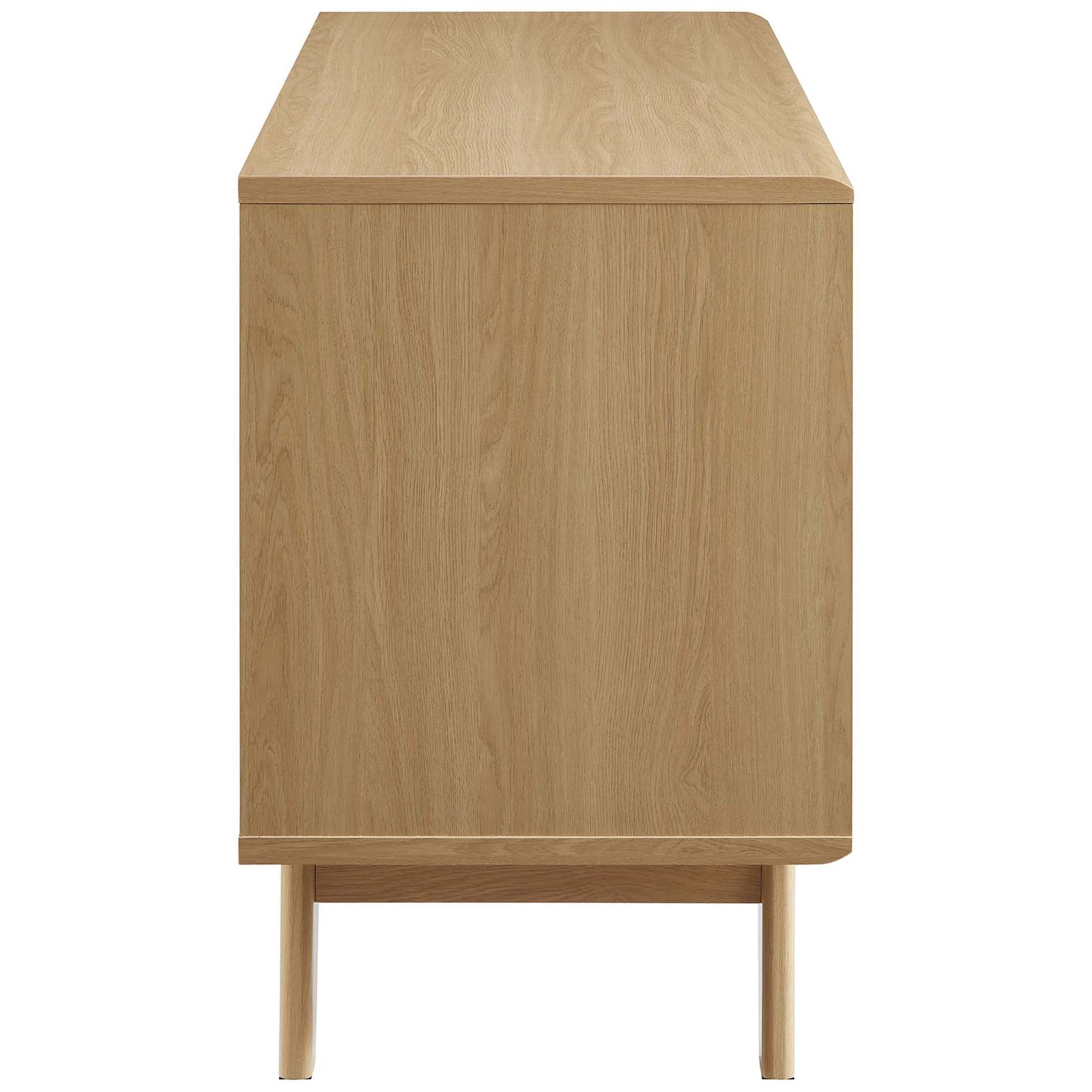 Oak record stand profile highlighting the clean side panel, subtle wood grain, and angled mid-century legs || EEI-4323-OAK || side_studio