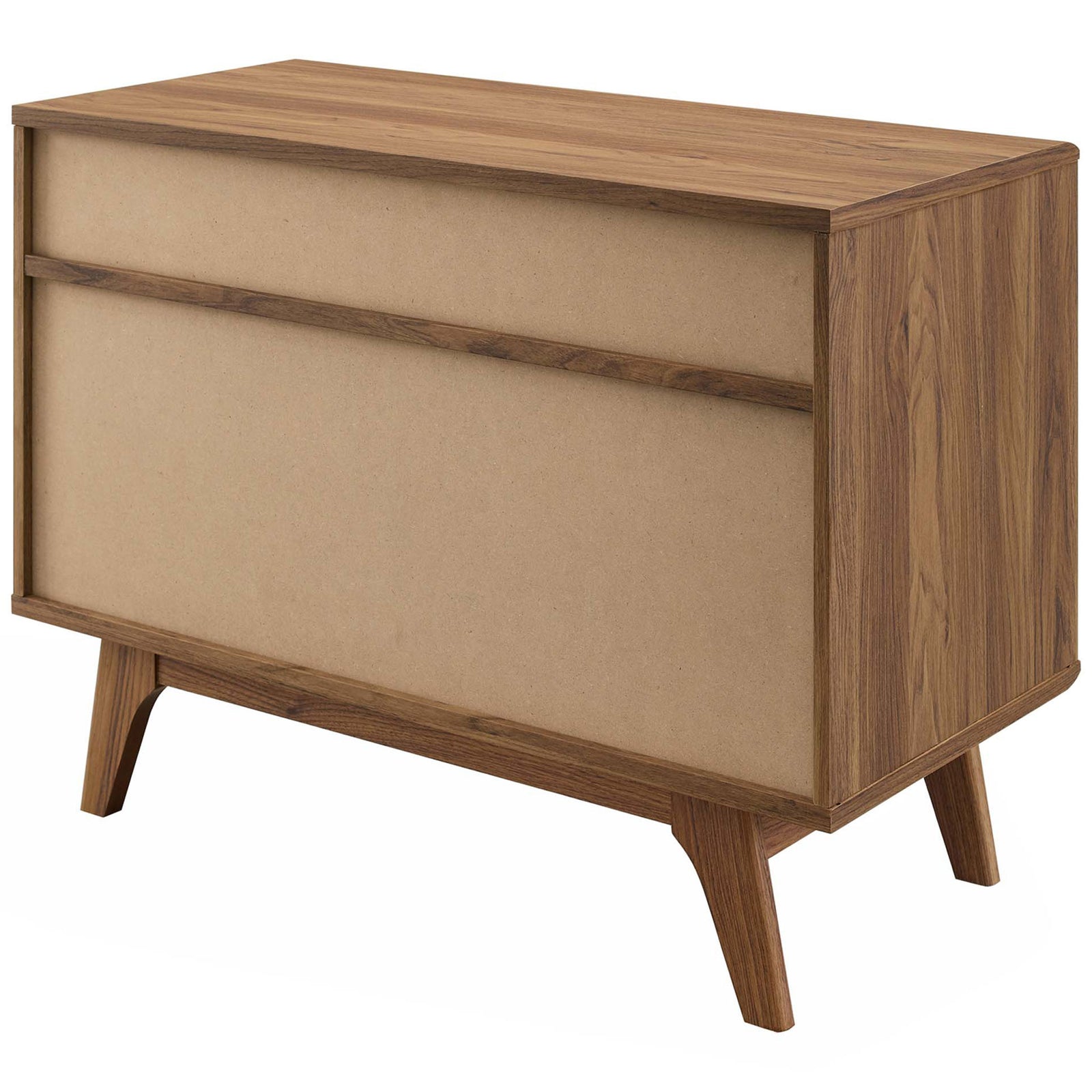 Walnut record stand showcasing the back panel, sturdy frame construction, and splayed retro legs || EEI-4323-WAL || back_angle_studio