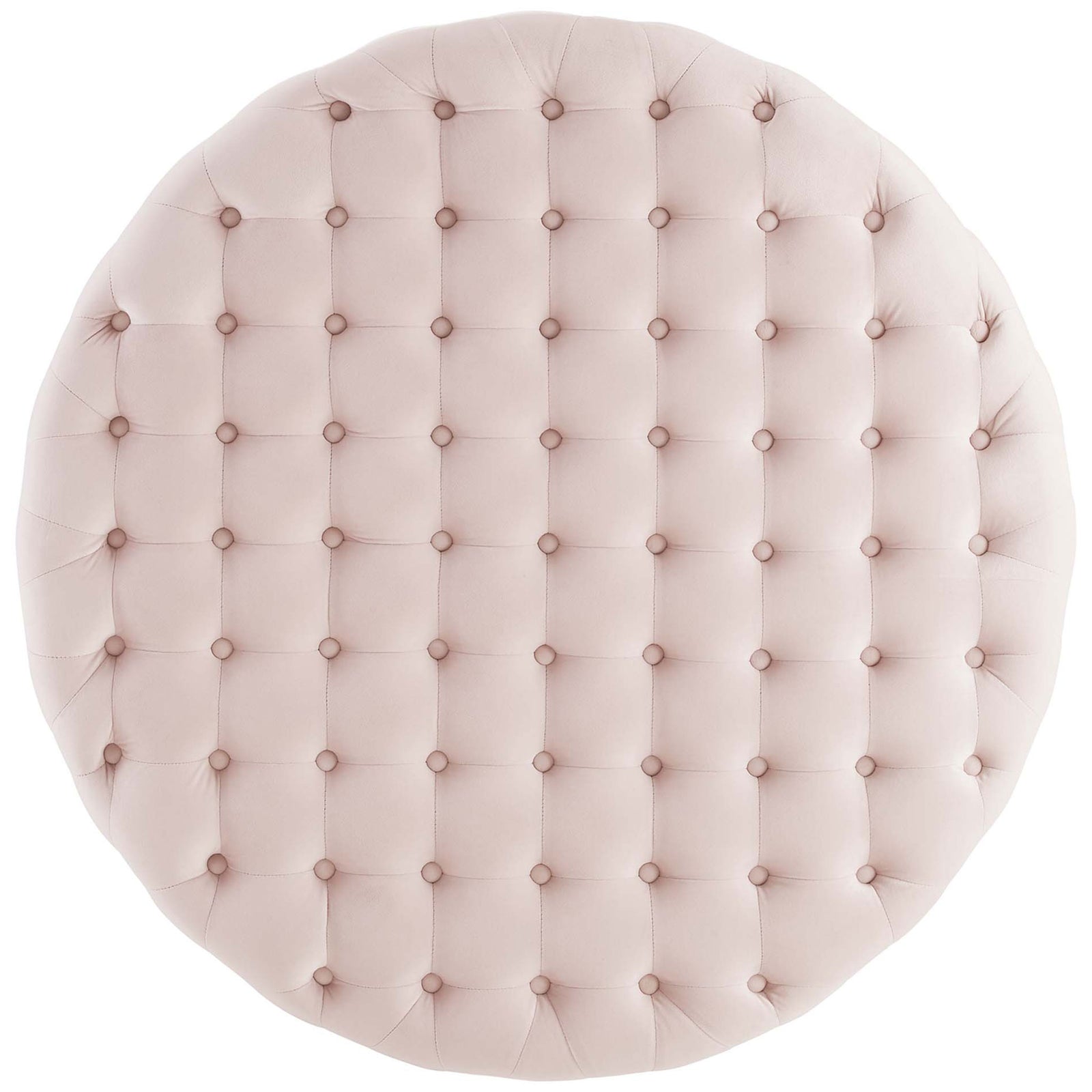 Plush button-tufted round pink ottoman surface offering generous cushioned seating || EEI-4326-PNK || top_studio