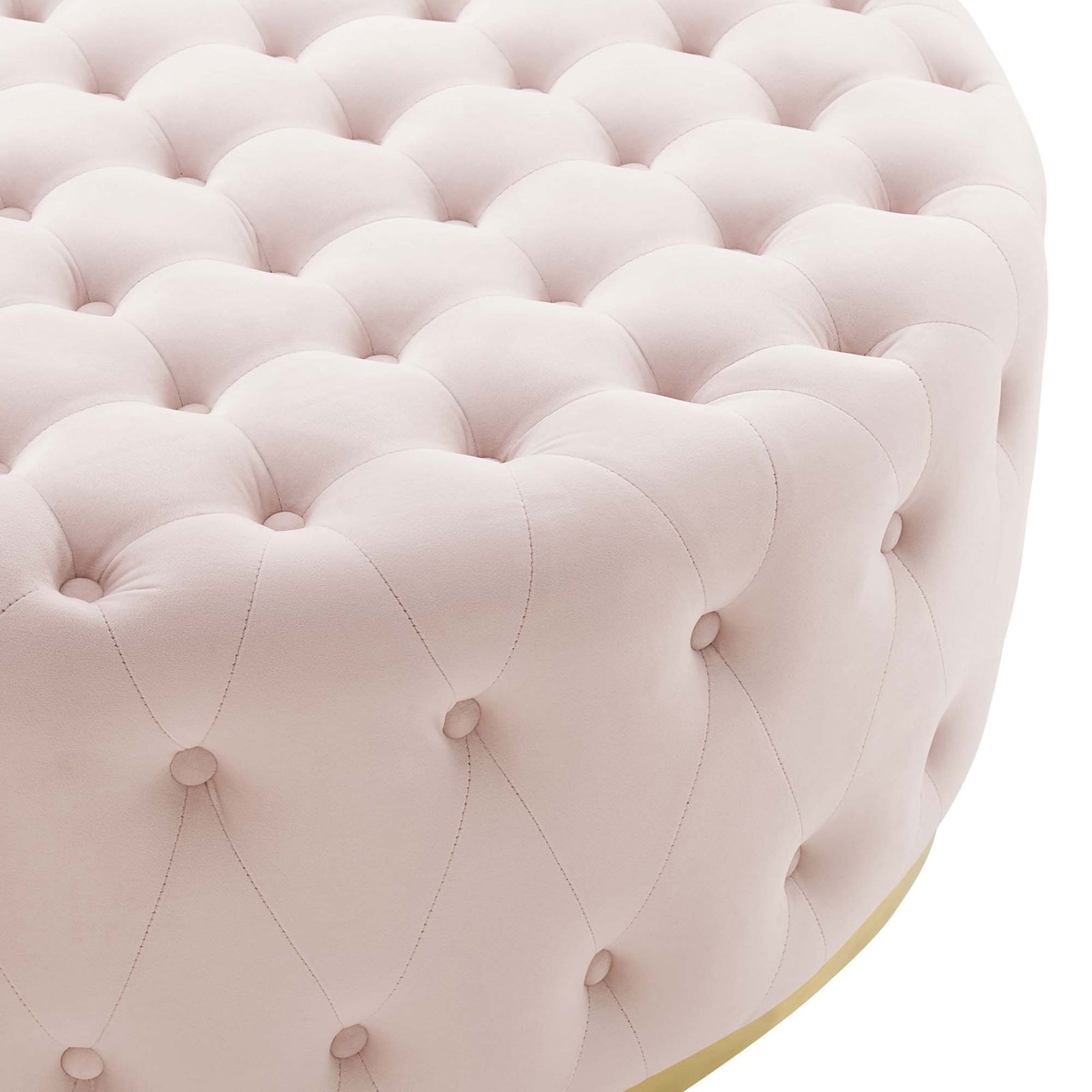 Deep diamond button tufting on the soft pink performance velvet upholstery and gold trim || EEI-4326-PNK || detail_studio