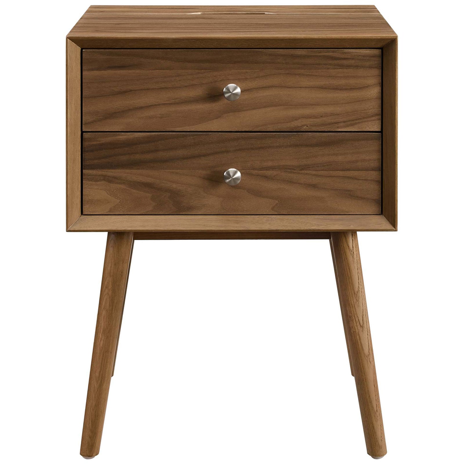 Walnut nightstand featuring two drawers with sleek metal knobs and clean lines || EEI-4343-WAL-WAL || front_studio