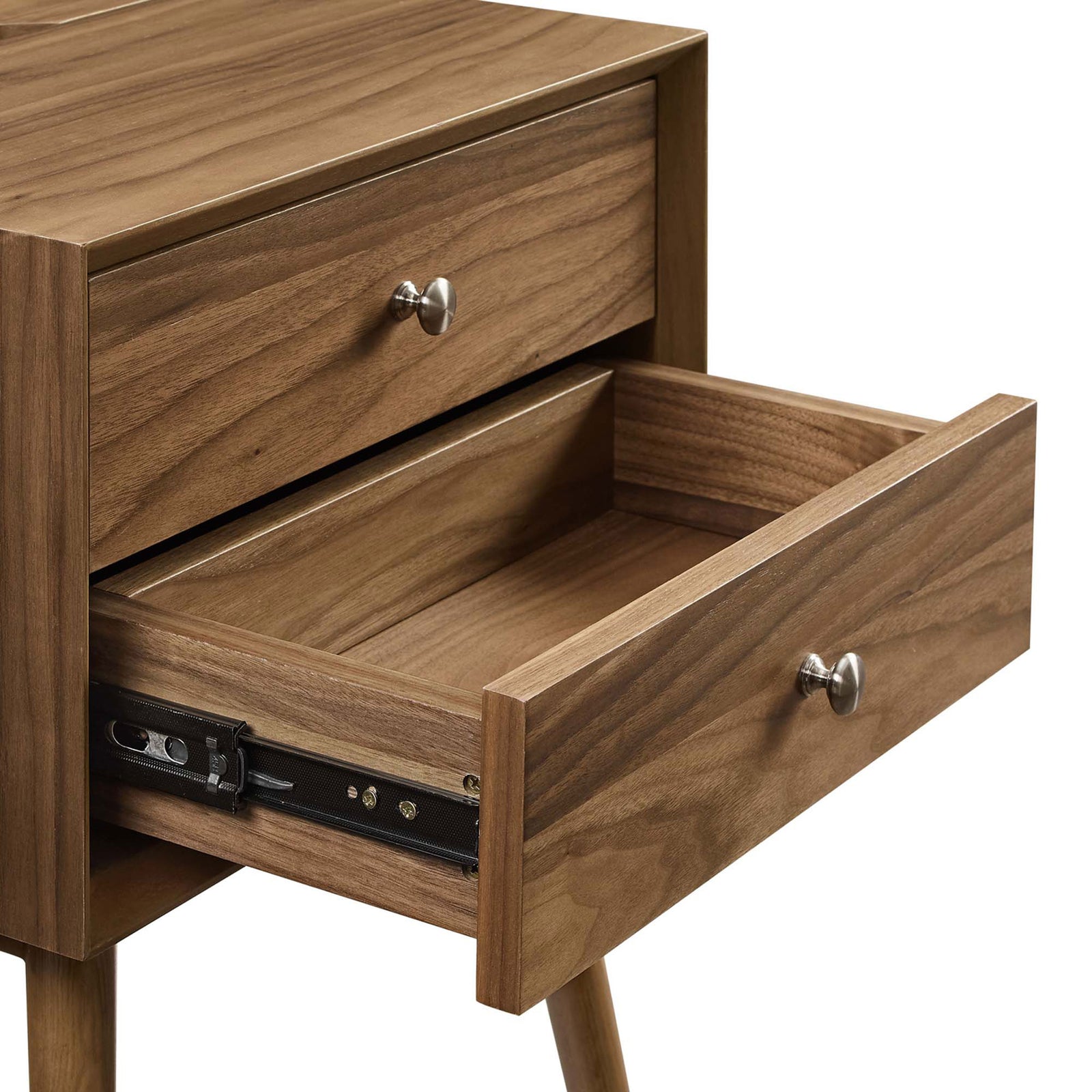 Open drawer revealing spacious storage and metal glides inside the nightstand || EEI-4343-WAL-WAL || storage_open_studio