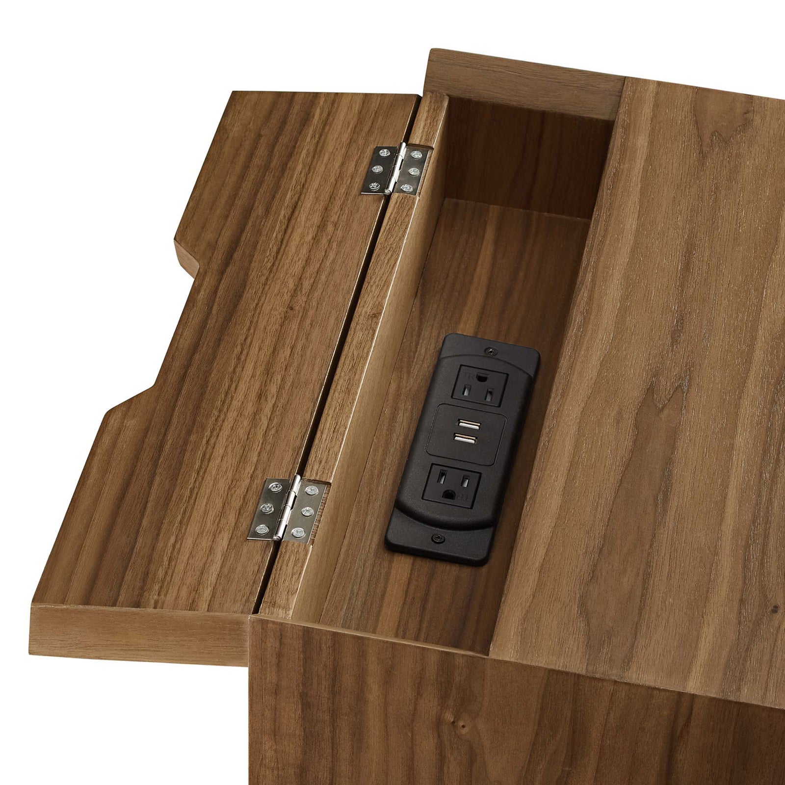 Hidden charging compartment with dual power outlets and USB ports inside the top || EEI-4343-WAL-WAL || storage_open_studio