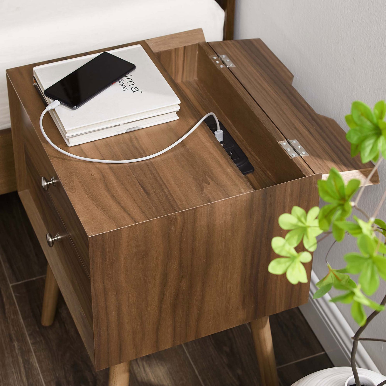 Nightstand with open charging station powering your phone beside the bed || EEI-4343-WAL-WAL || top_angle_open_room