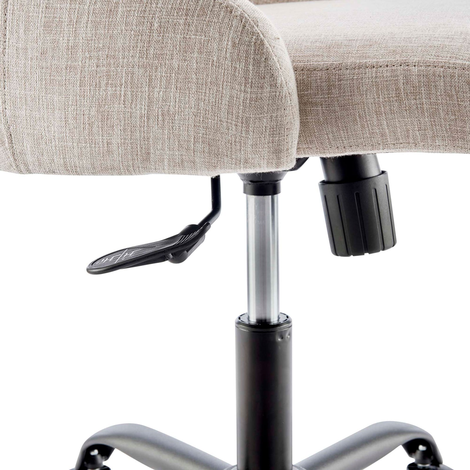 Office chair seat edge with user friendly height adjustment lever and black powder coated swivel base || EEI-4371-BLK-BEI || detail_studio