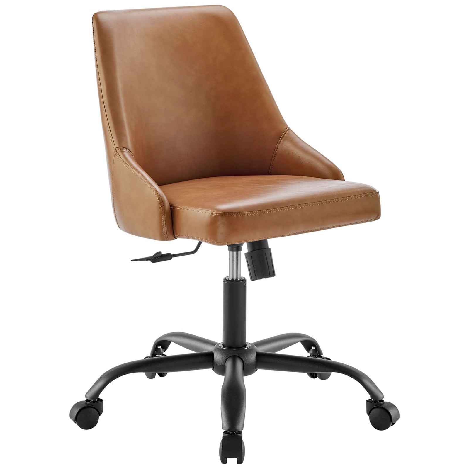 Modern tan vegan leather desk chair by Modway with tapered backrest and cushioned seat on a black base || EEI-4372-BLK-TAN || front_angle_studio