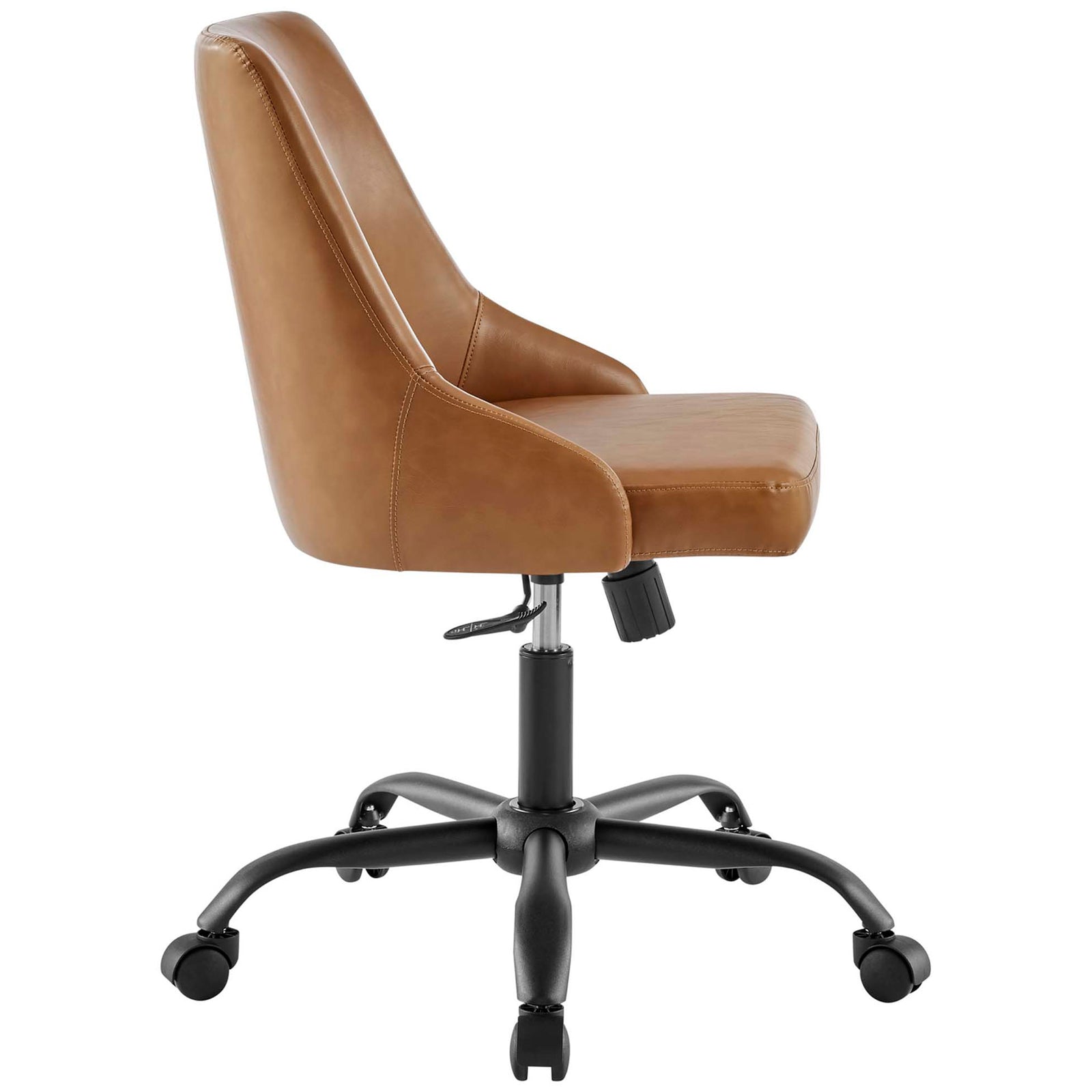 Designate tan office chair with supportive padded seat, gently reclined backrest, and sleek black swivel base || EEI-4372-BLK-TAN || side_studio