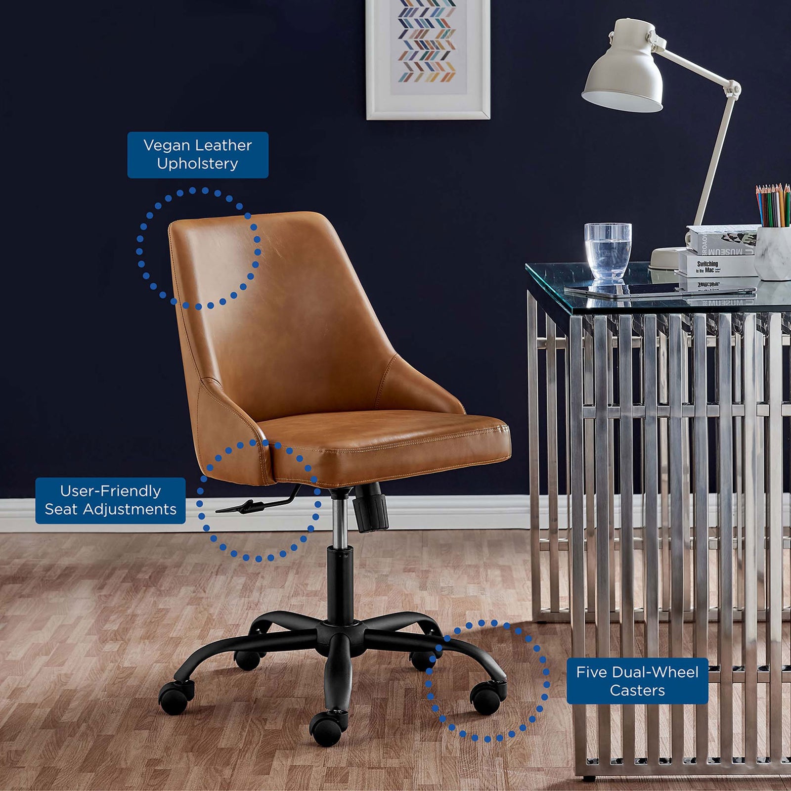 Designate tan vegan leather office chair at a glass desk with callouts for upholstery, seat adjustments, and casters || EEI-4372-BLK-TAN || callout_room
