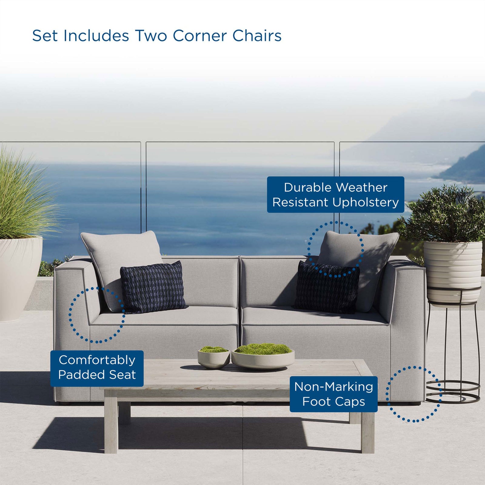 Gray outdoor loveseat styled with accent pillows and a low wood table on a modern terrace. || EEI-4377-GRY || callout_room
