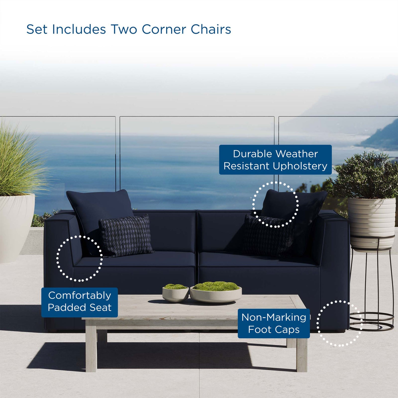 Navy outdoor loveseat arranged with accent pillows and a minimalist coffee table on a sunny terrace. || EEI-4377-NAV || callout_room