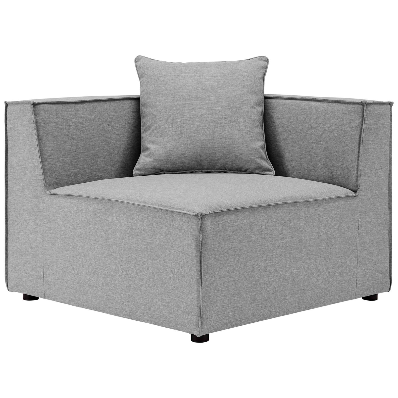 Gray corner chair with wide seat, tailored lines, and matching back pillow for modular seating comfort || EEI-4378-GRY || front_angle_partial_studio