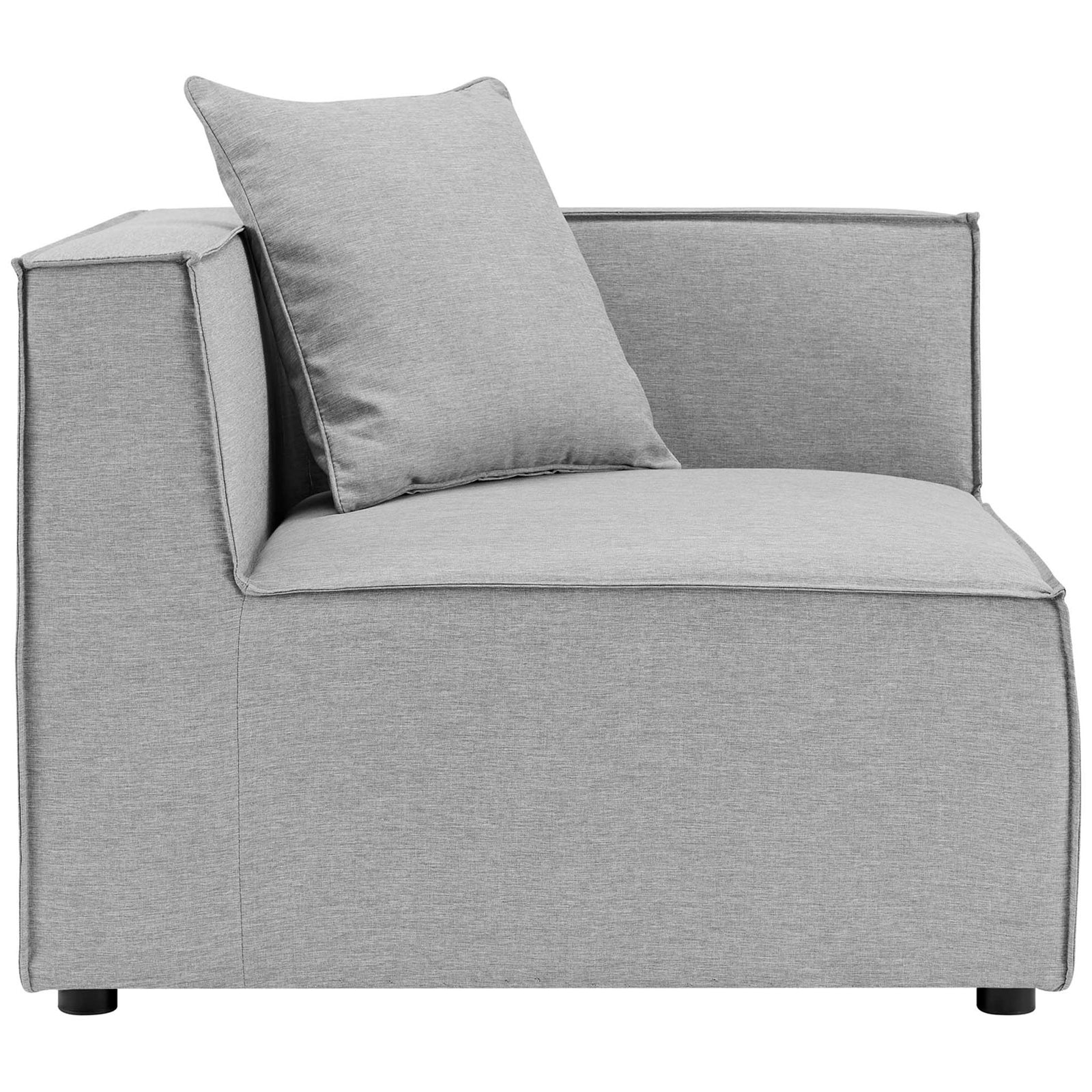 Gray sectional corner chair showing the long seat cushion and slim track arm for a modern look || EEI-4378-GRY || front_partial_studio
