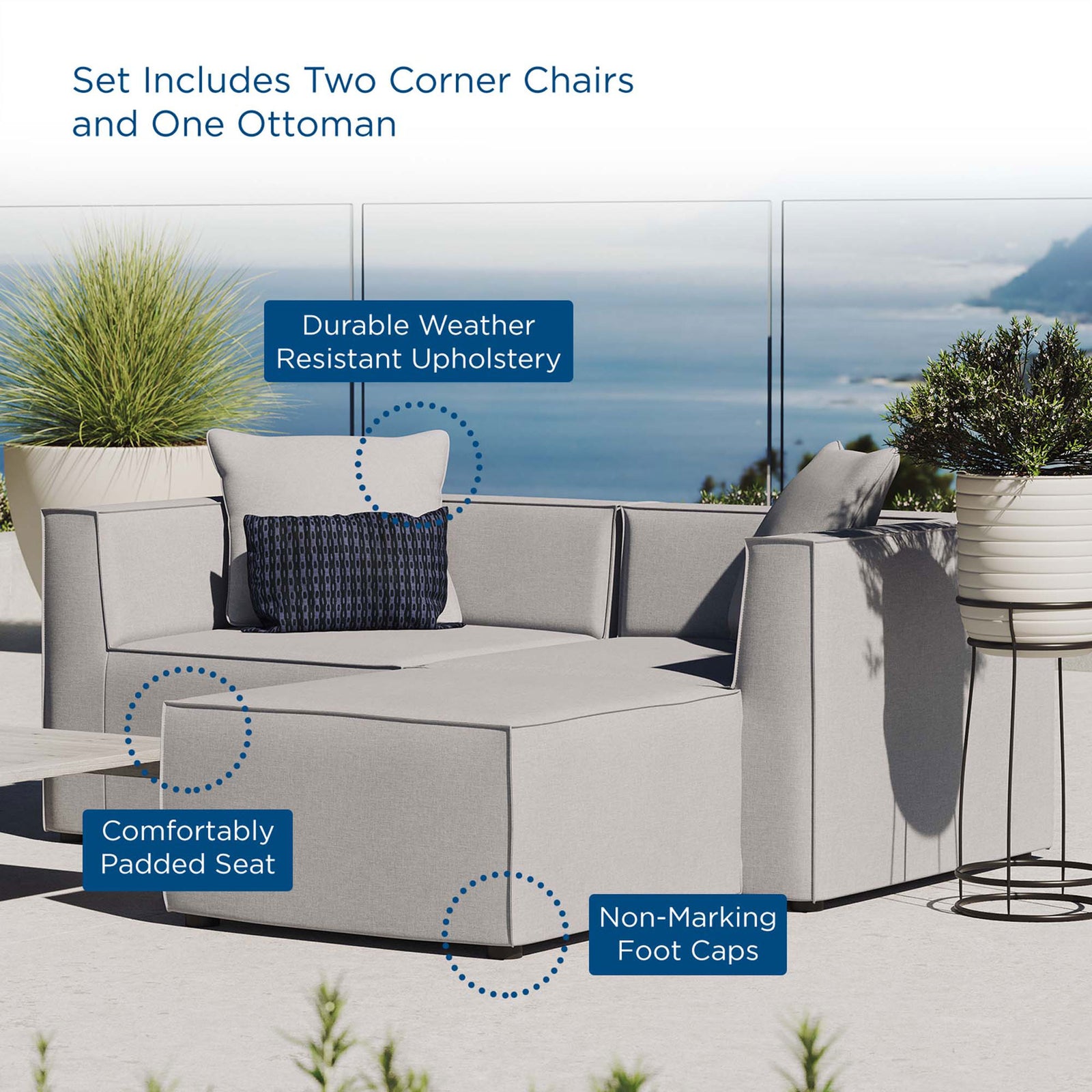 Gray outdoor loveseat set with weather-ready upholstery, deep cushioning, and non-marking foot caps || EEI-4378-GRY || callout_room