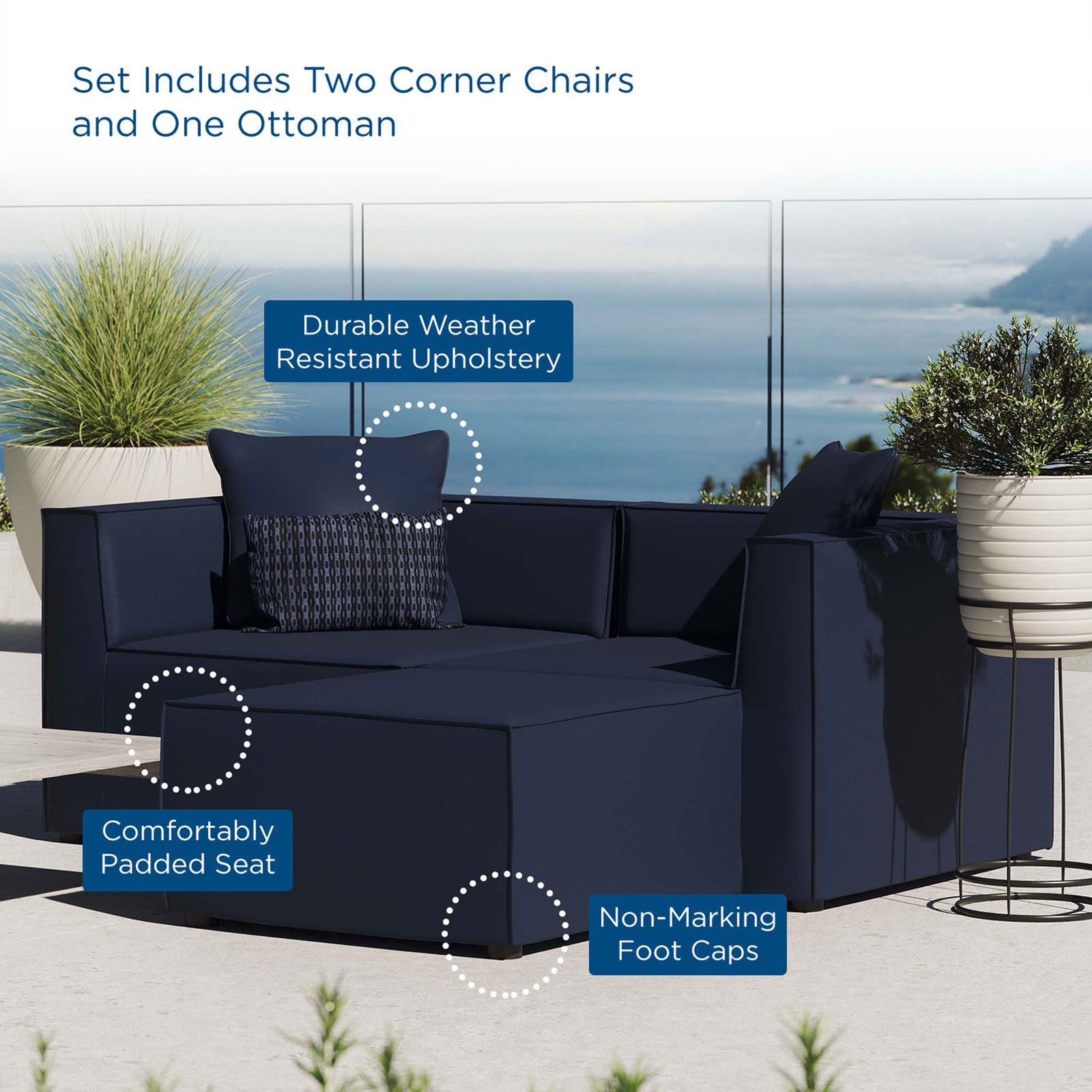Navy outdoor loveseat set with durable weather-resistant upholstery, cushioned seating, and foot caps || EEI-4378-NAV || callout_room