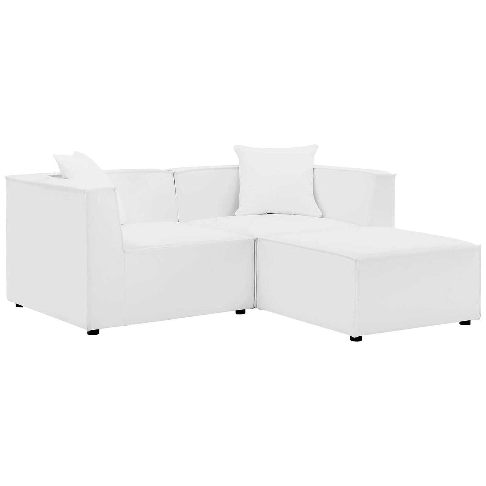 Crisp white outdoor loveseat and ottoman set with clean lines and deep cushions for modern lounging || EEI-4378-WHI || front_angle_studio