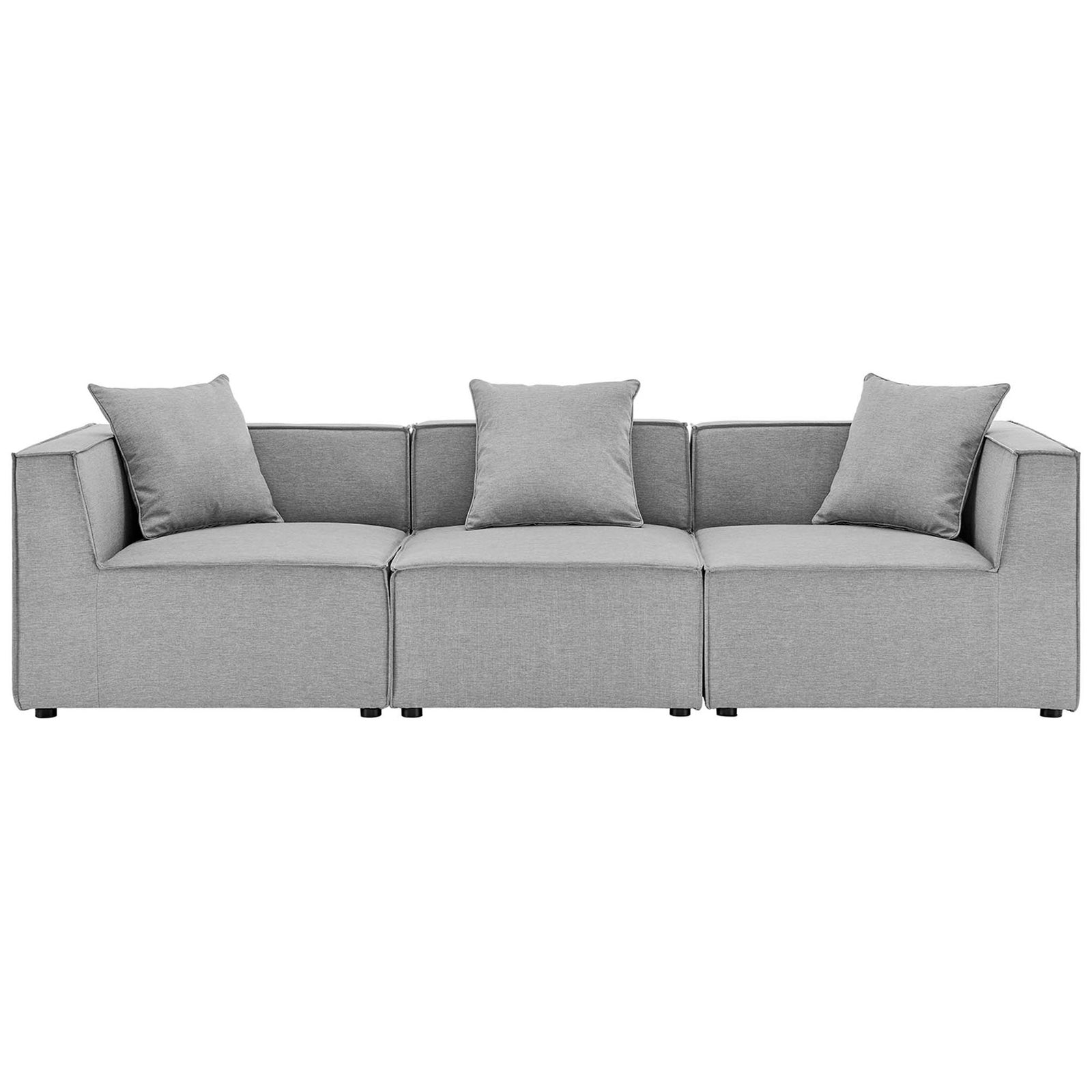 Gray three-piece outdoor sectional sofa with low profile and tailored French piping. || EEI-4379-GRY || front_studio