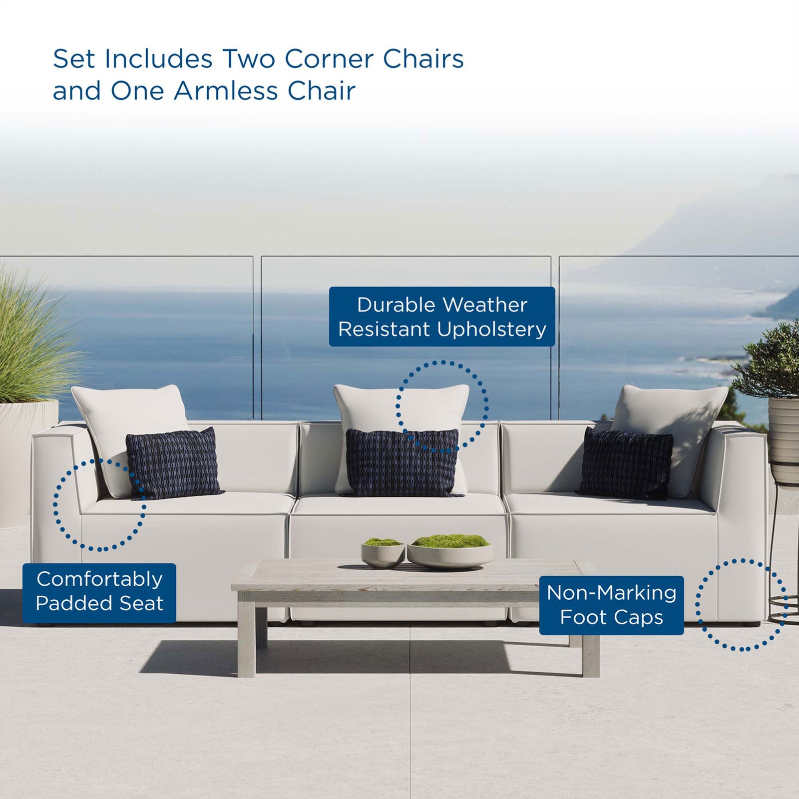 White outdoor sectional on a terrace with labeled features for comfort and durability. || EEI-4379-WHI || callout_room