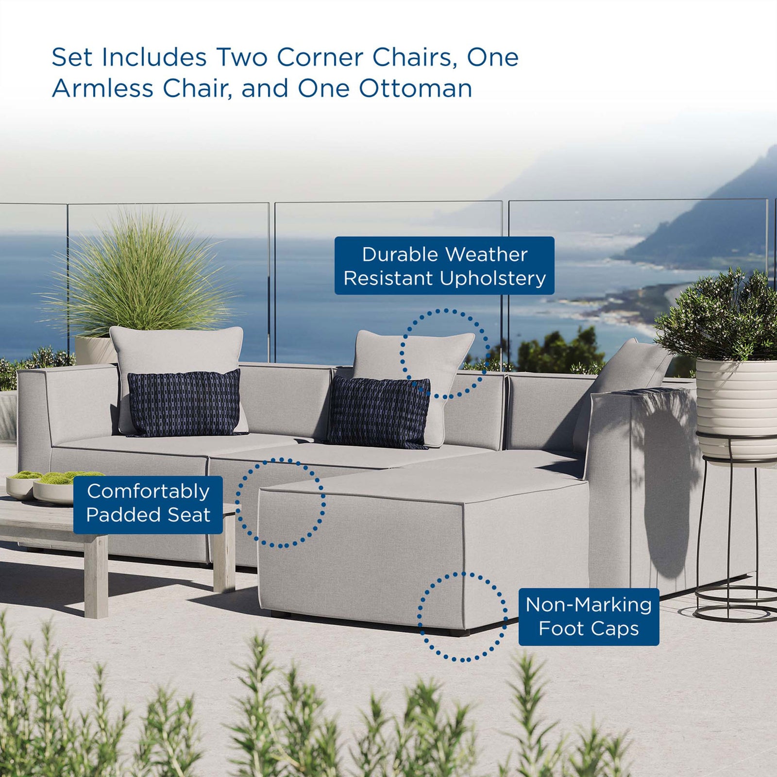 Gray outdoor sectional with callouts highlighting padded seat, weather-resistant fabric, and foot caps || EEI-4380-GRY || callout_room