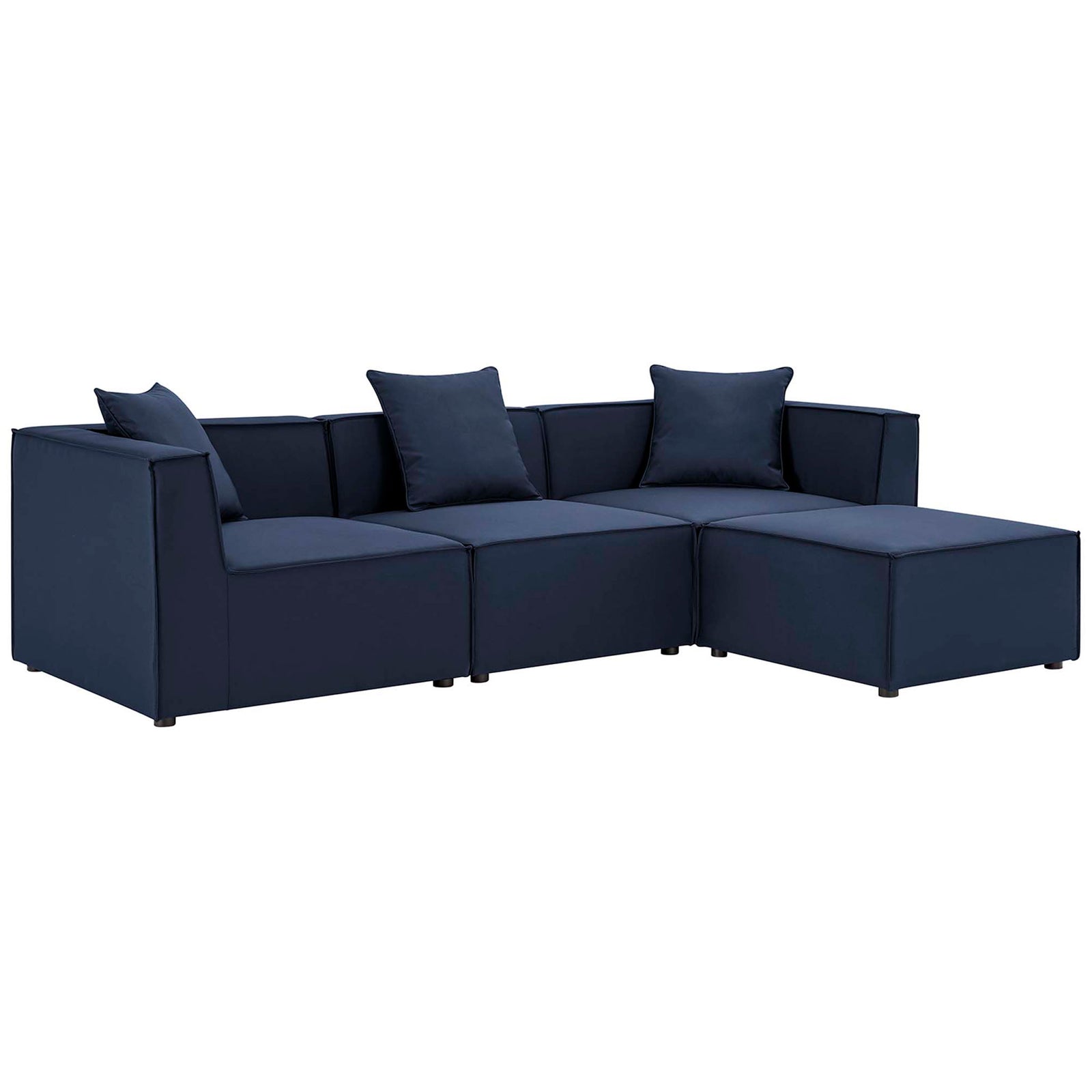 Navy 4-piece outdoor sectional with low-profile arms and plush back cushions || EEI-4380-NAV || front_angle_studio