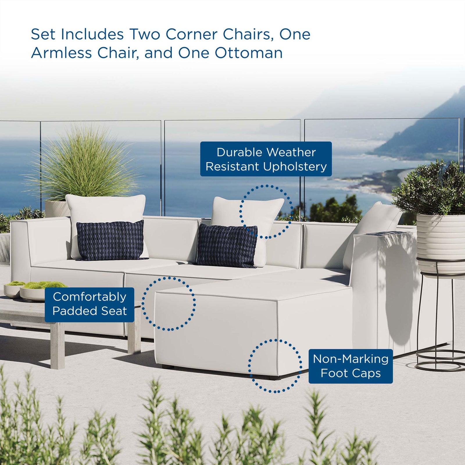 White outdoor sectional with callouts for padded seat, weather-resistant fabric, and foot caps || EEI-4380-WHI || callout_room
