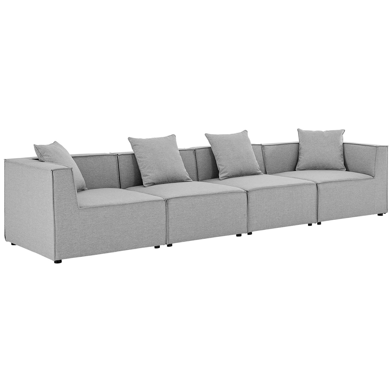 Gray 4-piece outdoor sectional sofa with four loose back cushions and clean-lined silhouette || EEI-4381-GRY || front_angle_studio