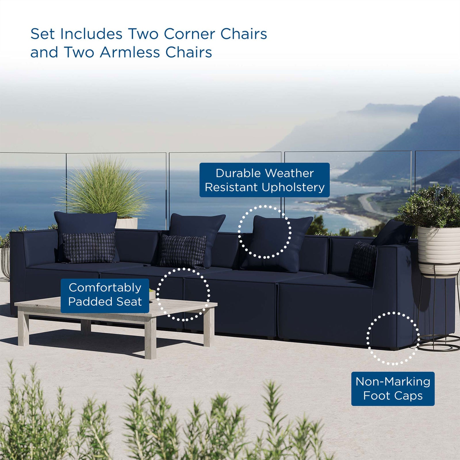 Navy outdoor sectional sofa on a bright patio emphasizing durable fabric and non-marking foot caps || EEI-4381-NAV || callout_room