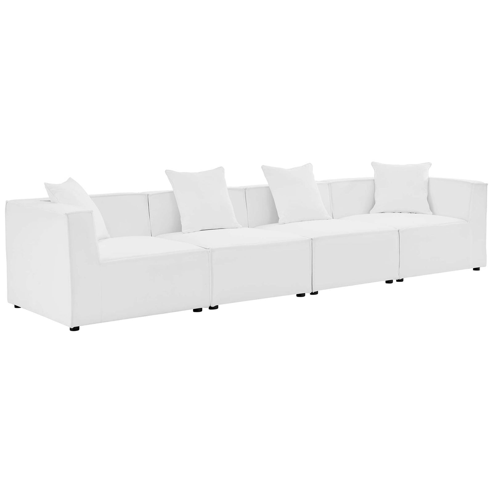 White 4-piece outdoor sectional sofa with four loose back cushions and crisp minimalist profile || EEI-4381-WHI || front_angle_studio
