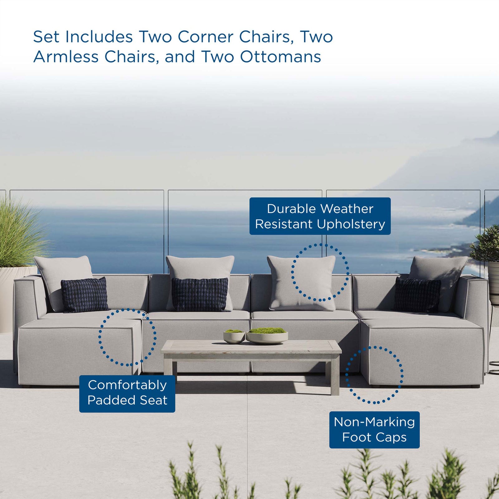 Gray Saybrook outdoor sectional on a terrace with padded seats, weather-resistant upholstery, and non-marking feet. || EEI-4383-GRY || callout_room
