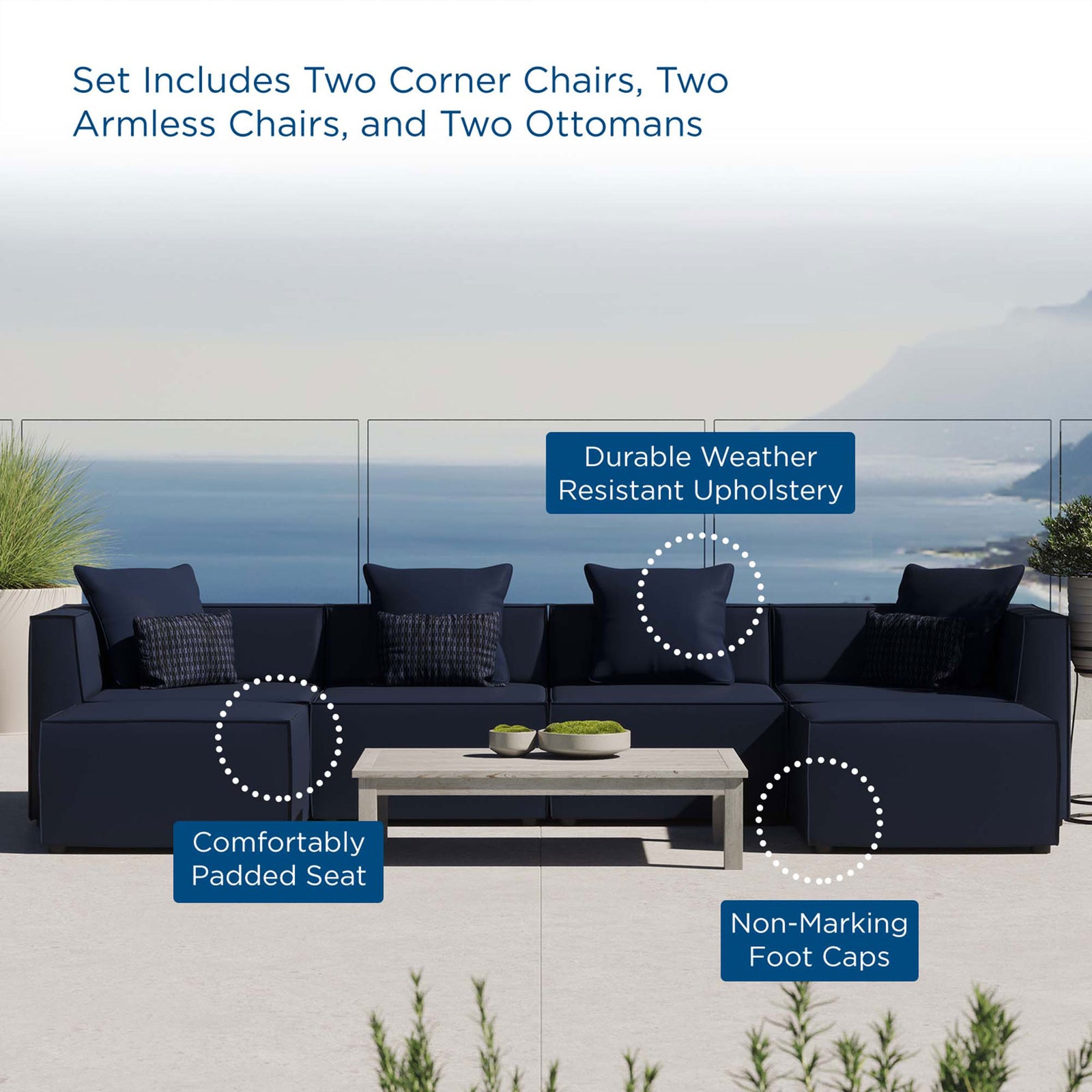 Navy Saybrook outdoor sectional on a terrace with padded seats, weather-resistant upholstery, and non-marking feet. || EEI-4383-NAV || callout_room