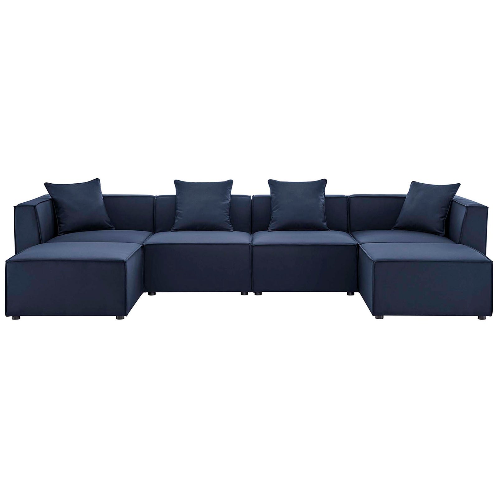 Navy Saybrook 6-piece outdoor sectional with low-profile cushions and clean, modern modular lines. || EEI-4383-NAV || front_studio