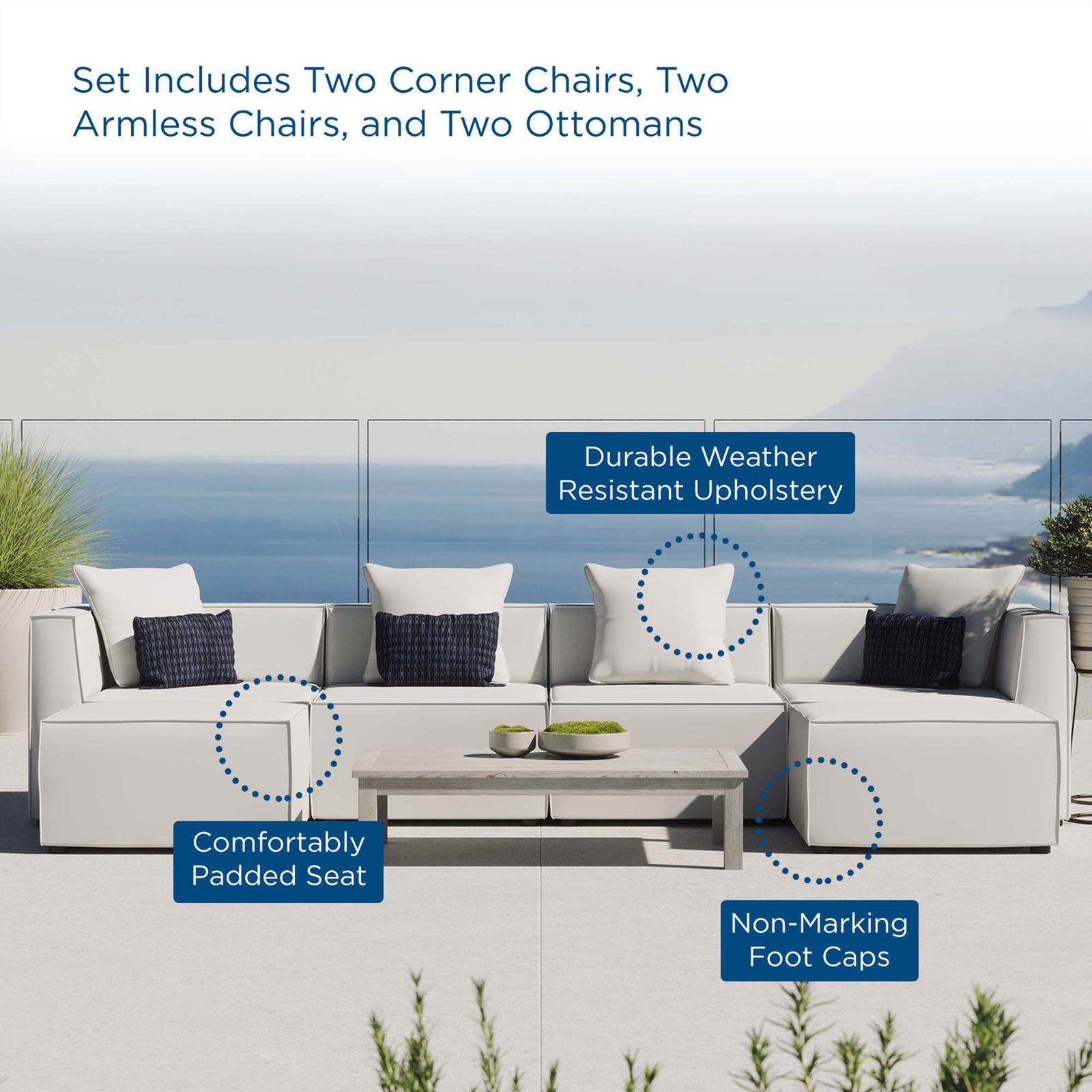 White Saybrook outdoor sectional on a terrace with padded seats, weather-resistant upholstery, and non-marking feet. || EEI-4383-WHI || callout_room
