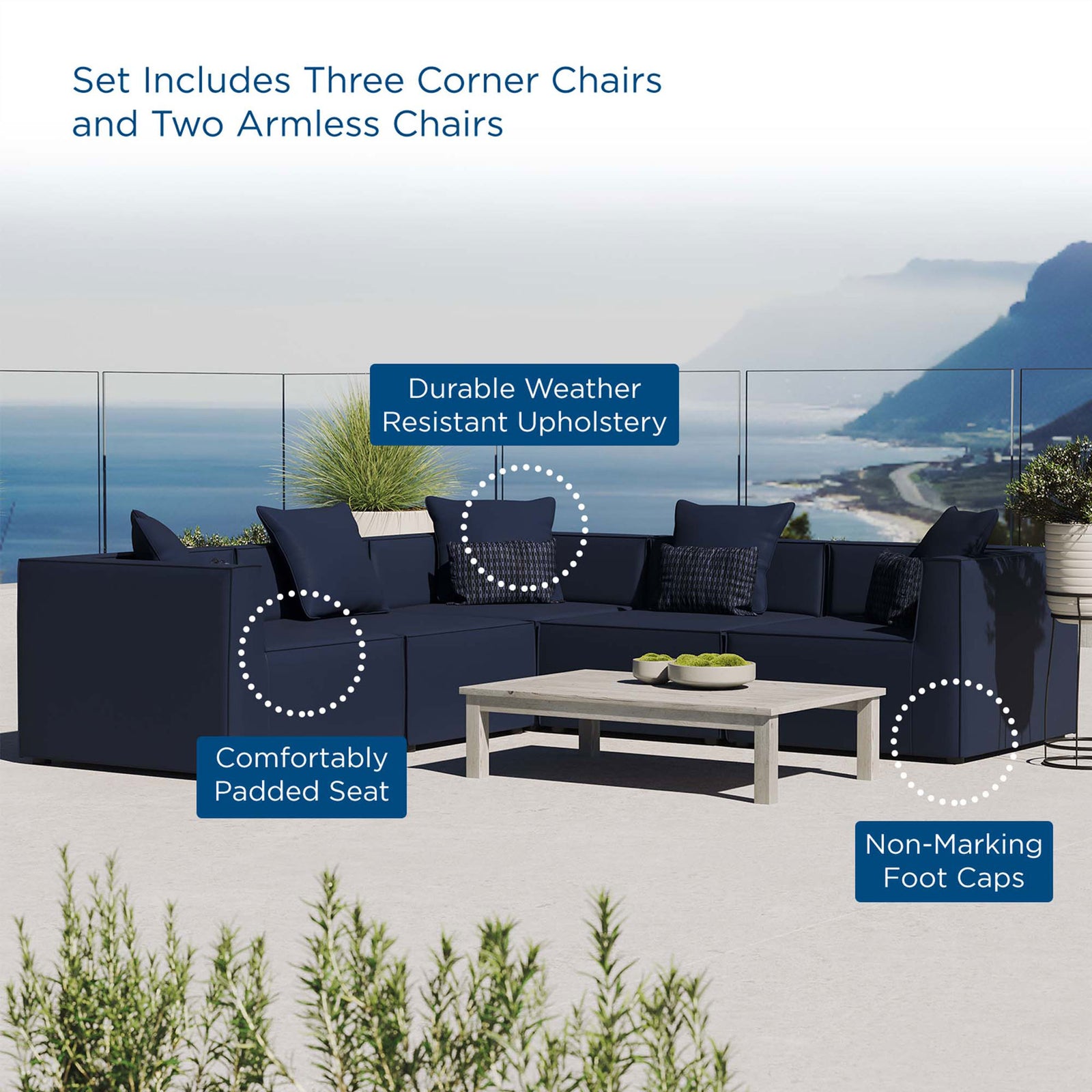 Navy outdoor sectional highlighting weather resistant upholstery, padded seats, and non marking foot caps || EEI-4384-NAV || callout_room