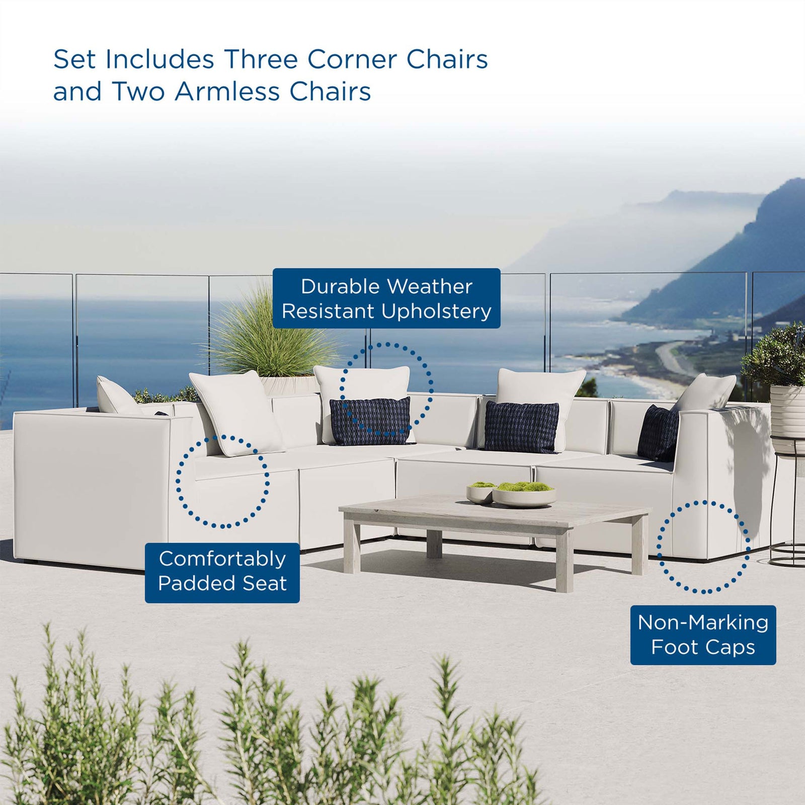 White outdoor sectional highlighting weather resistant upholstery, padded seats, and non marking foot caps || EEI-4384-WHI || callout_room