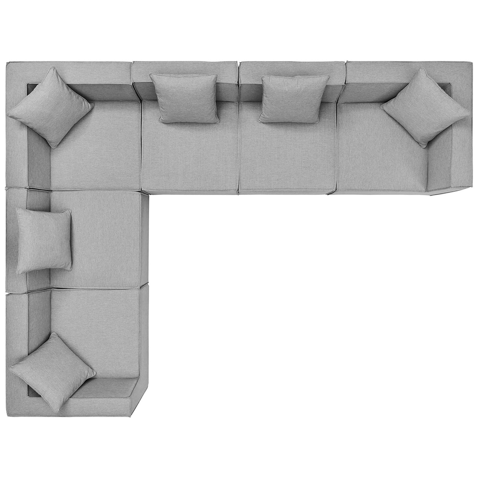 Gray outdoor sectional arranged in an L-shape with roomy seats and scattered back pillows || EEI-4385-GRY || top_studio