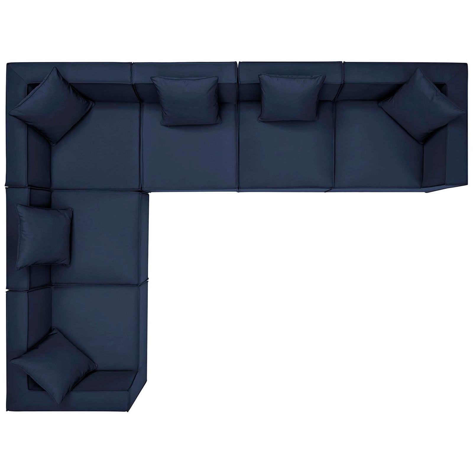 Navy outdoor sectional arranged in an L-shape with ample seating and loose back pillows || EEI-4385-NAV || top_studio