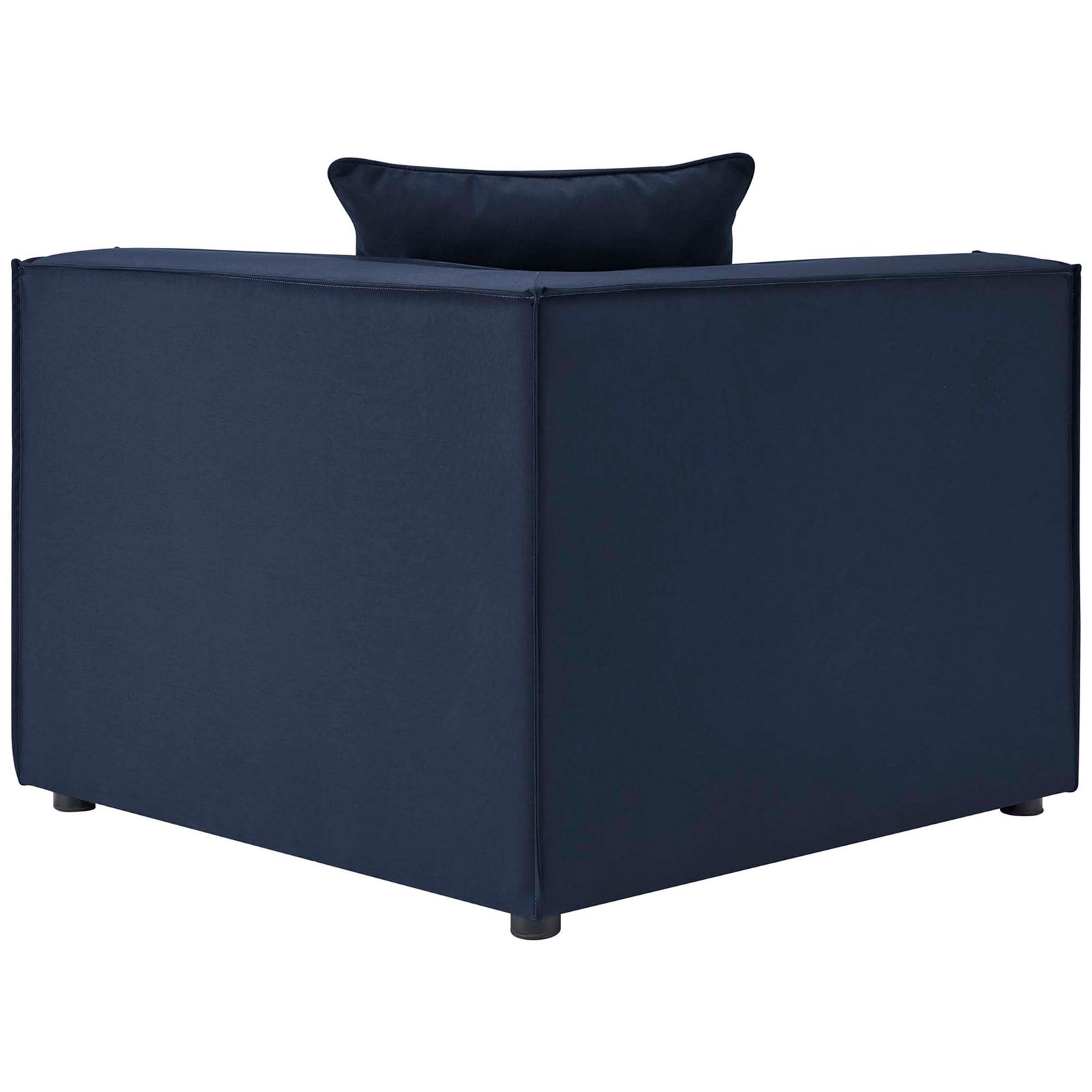 Navy outdoor corner chair with smooth upholstered back and refined piping detail || EEI-4385-NAV || back_partial_studio