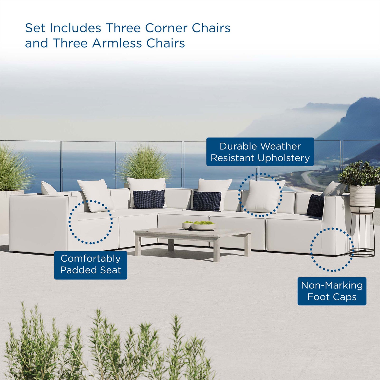 White outdoor sectional on a terrace with callouts for padded seats and weather-resistant upholstery || EEI-4385-WHI || callout_room