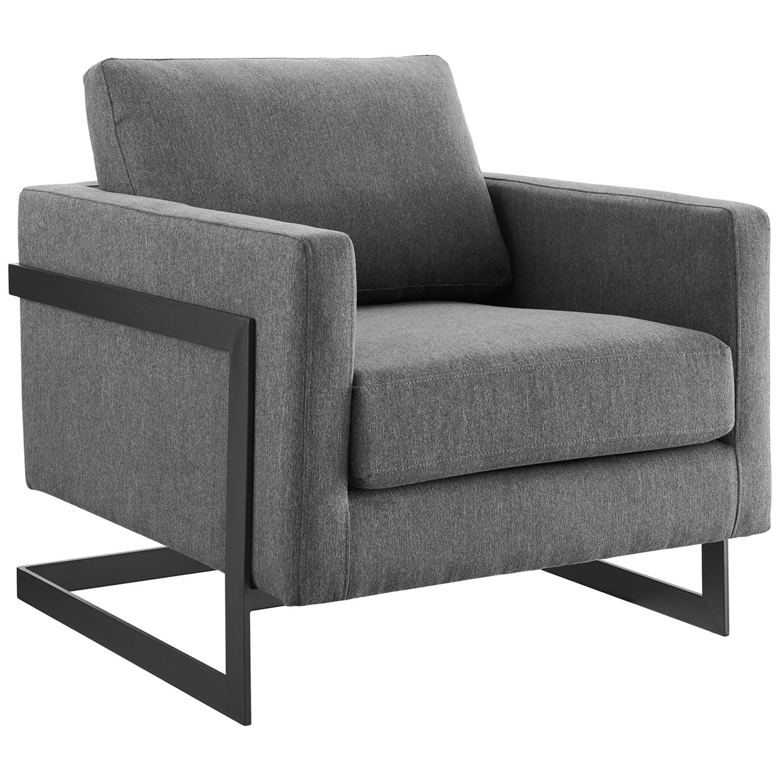 Boxy silhouette with squared arms and a deep, supportive seat wrapped in soft charcoal upholstery || EEI-4391-BLK-CHA || front_angle_studio