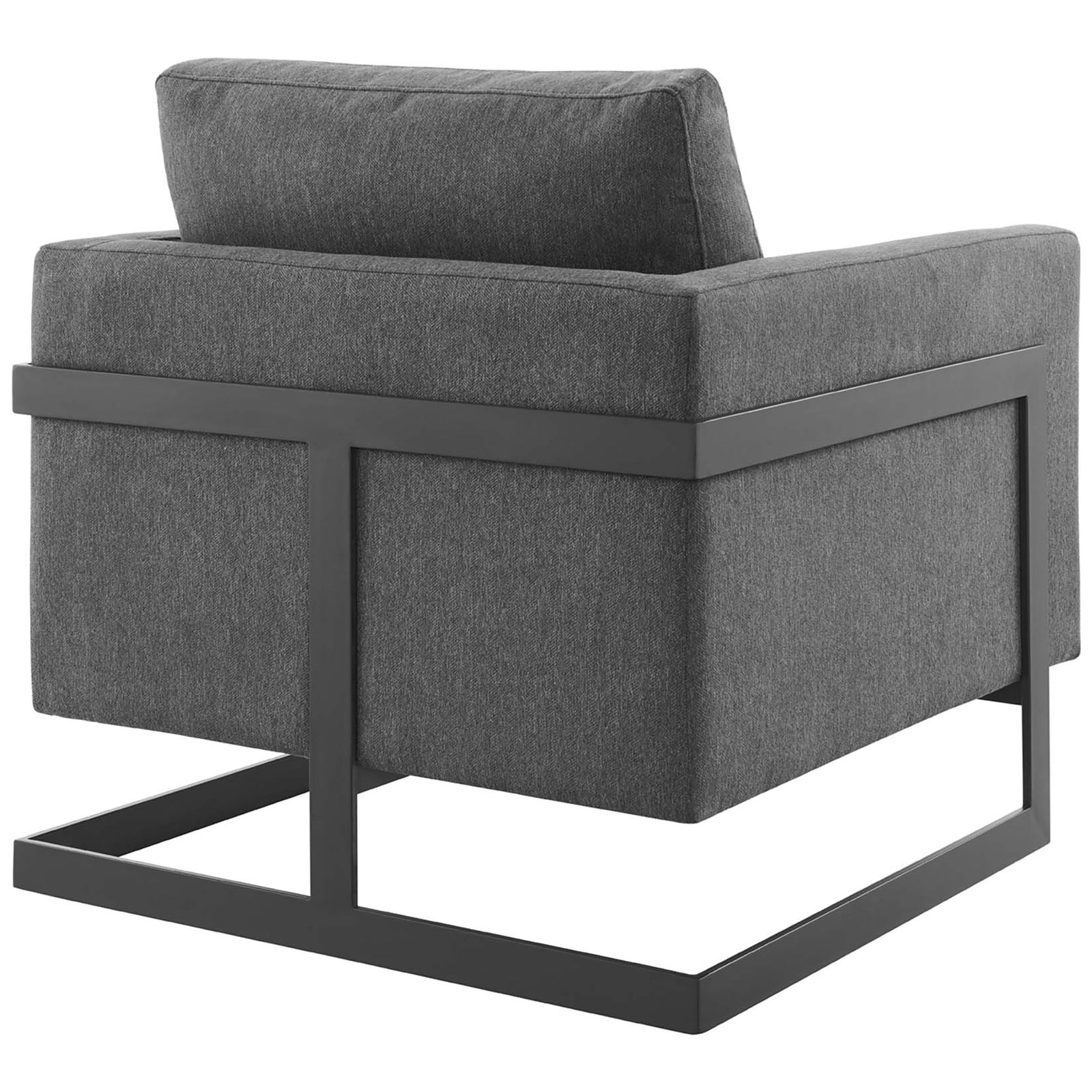 Matte black frame wraps the chair in bold geometry, complementing the rich charcoal fabric || EEI-4391-BLK-CHA || back_angle_studio