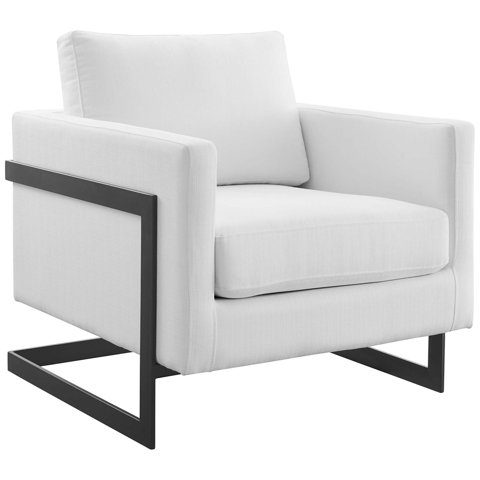Plush white fabric accent chair with deep seat and matte black sled frame || EEI-4391-BLK-WHI || front_angle_studio