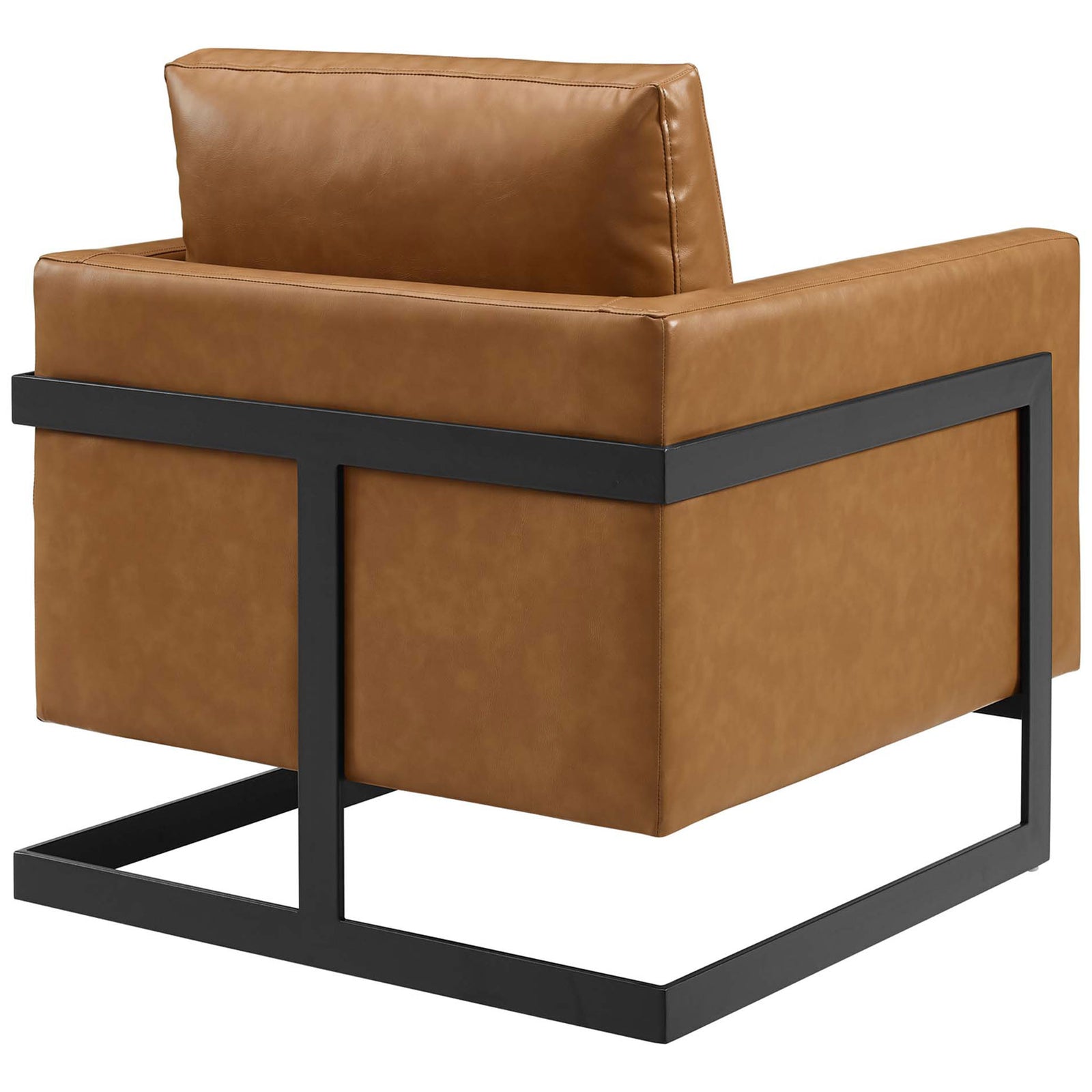 Tailored vegan leather wraps a deep seat, framed by a sturdy matte black stainless sled base || EEI-4392-BLK-TAN || back_angle_studio