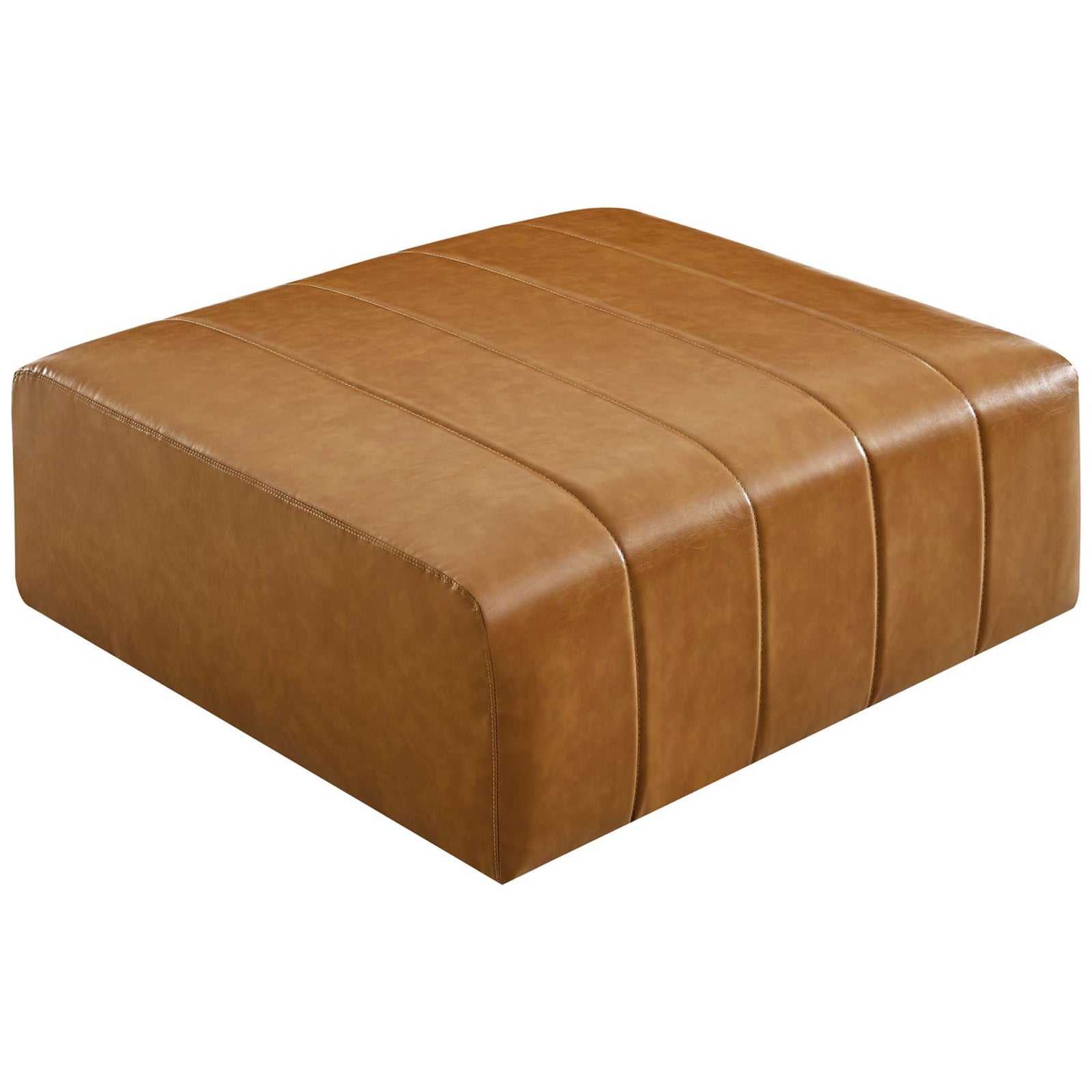 Wide square ottoman offers an expansive tan vegan leather lounging surface with tailored channel detailing || EEI-4401-TAN || top_angle_studio