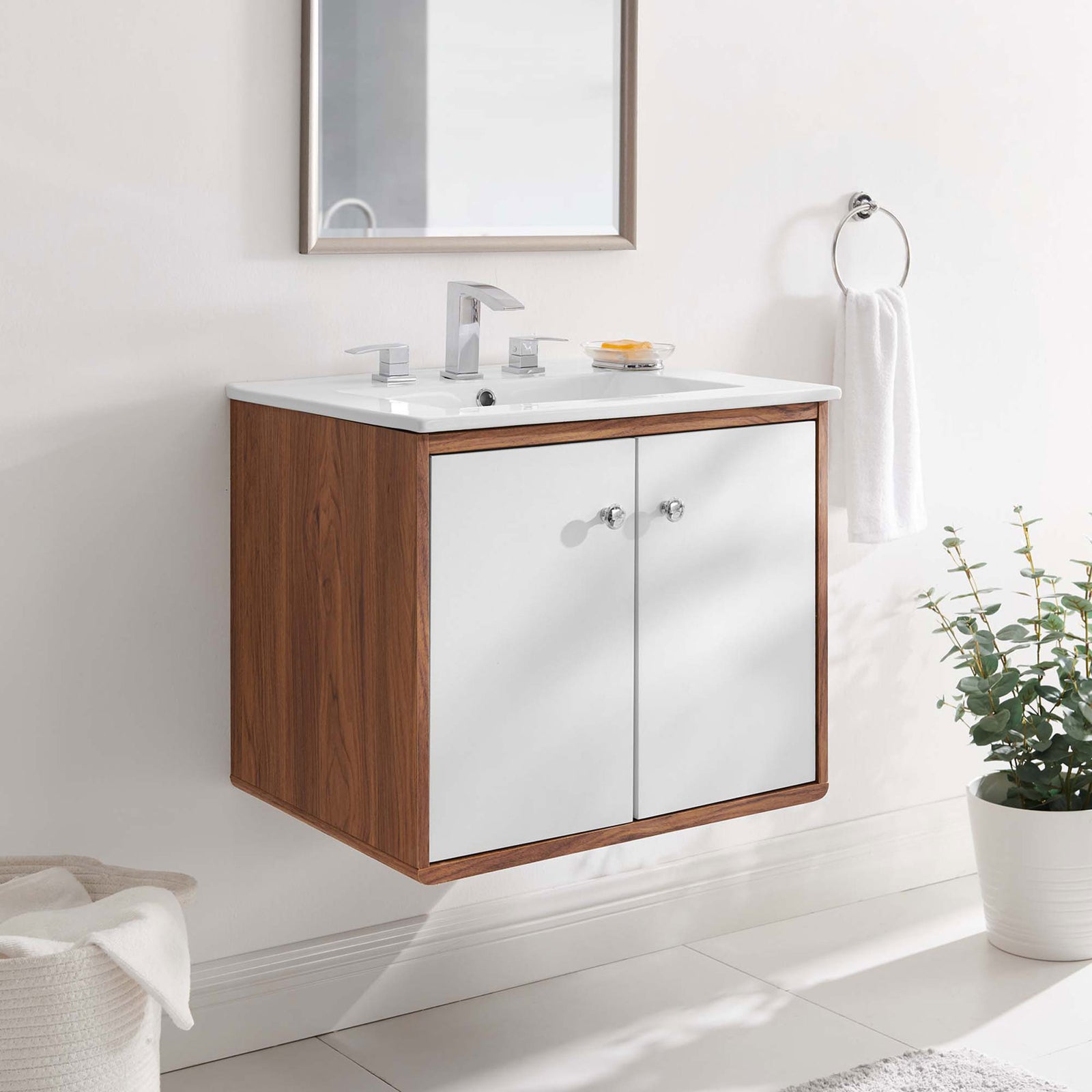 Floating vanity brings mid-century warmth with walnut sides and a crisp white facade. || EEI-4431-WAL-WHI || front_angle_room