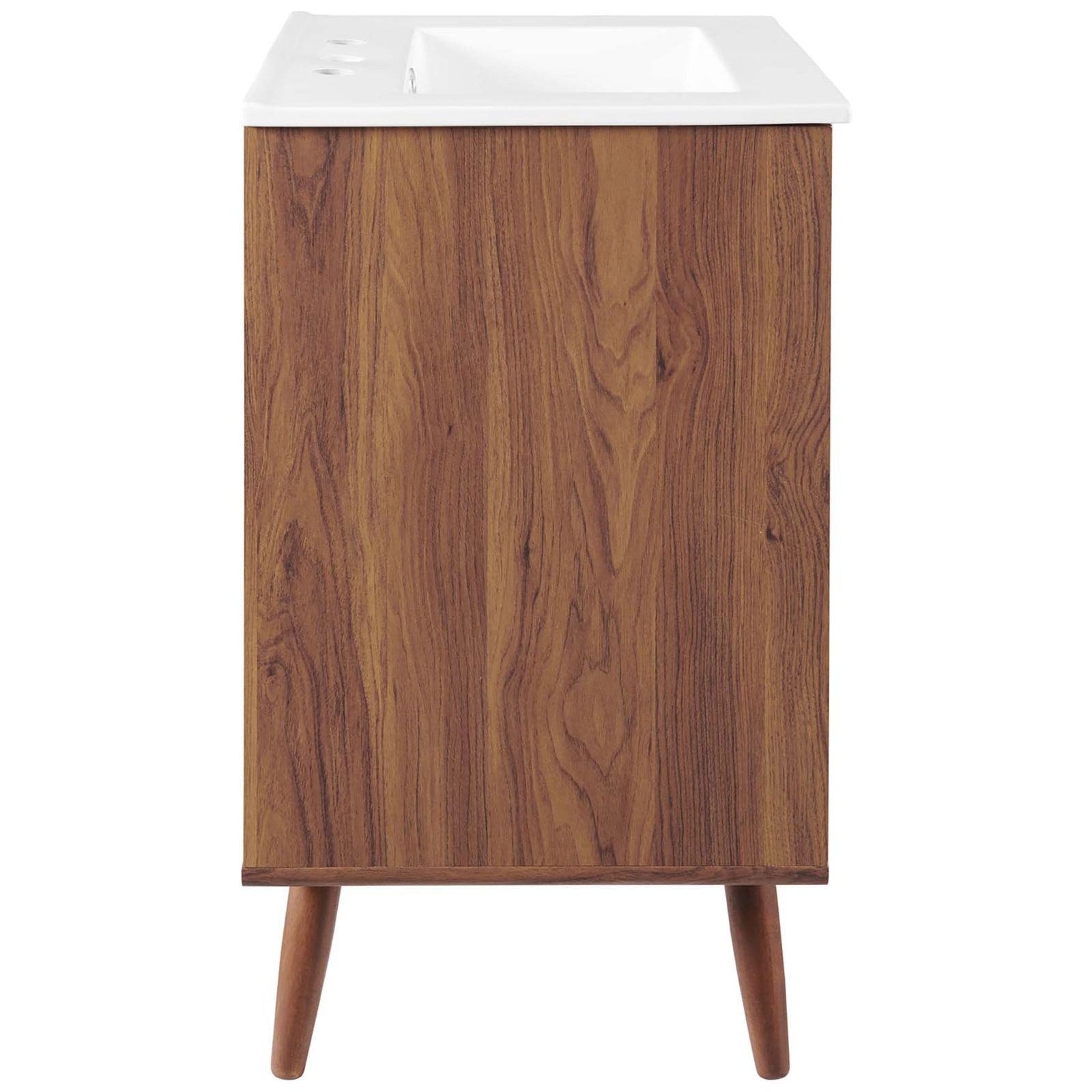 Rich walnut grain side panel and tapered legs showcase the mid-century silhouette. || EEI-4432-WAL-WHI || side_studio
