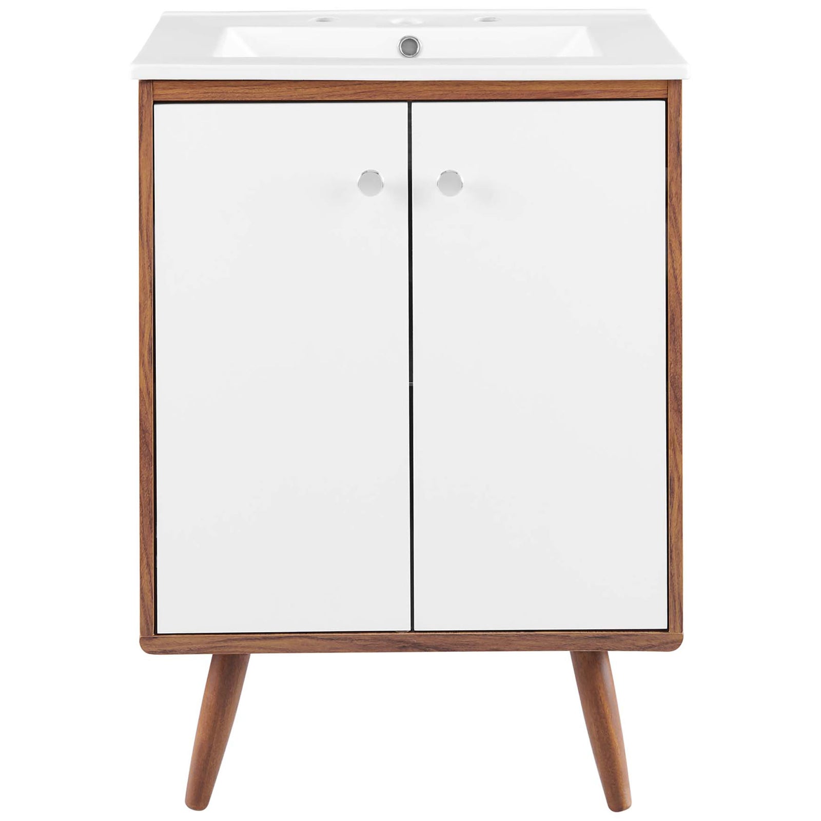 Clean white dual doors with chrome knobs under a rectangular ceramic sink. || EEI-4432-WAL-WHI || front_studio