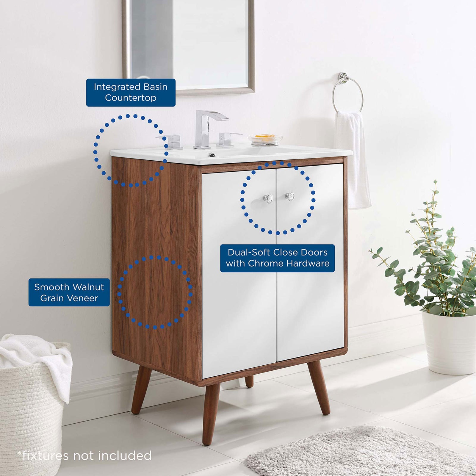 Key features highlighted: integrated basin, soft-close doors with chrome hardware, and walnut veneer. || EEI-4432-WAL-WHI || callout_room