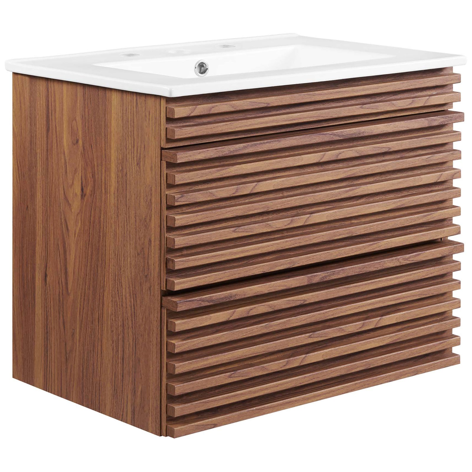 Streamlined 24-inch vanity in walnut grain with bold horizontal slats and a rectangular ceramic basin. || EEI-4433-WAL-WHI || front_angle_studio