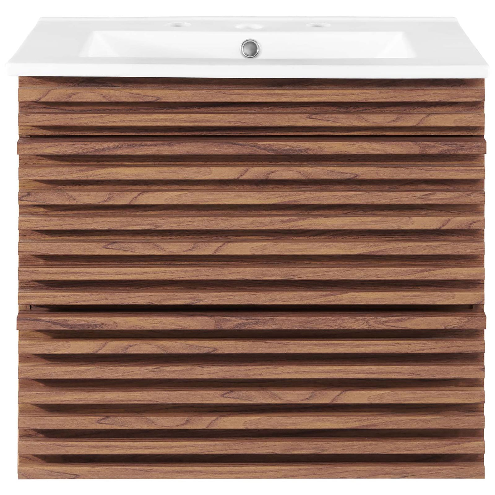 Mid-century 24-inch wall-mounted vanity with slatted walnut drawers and an integrated ceramic sink. || EEI-4433-WAL-WHI || front_studio