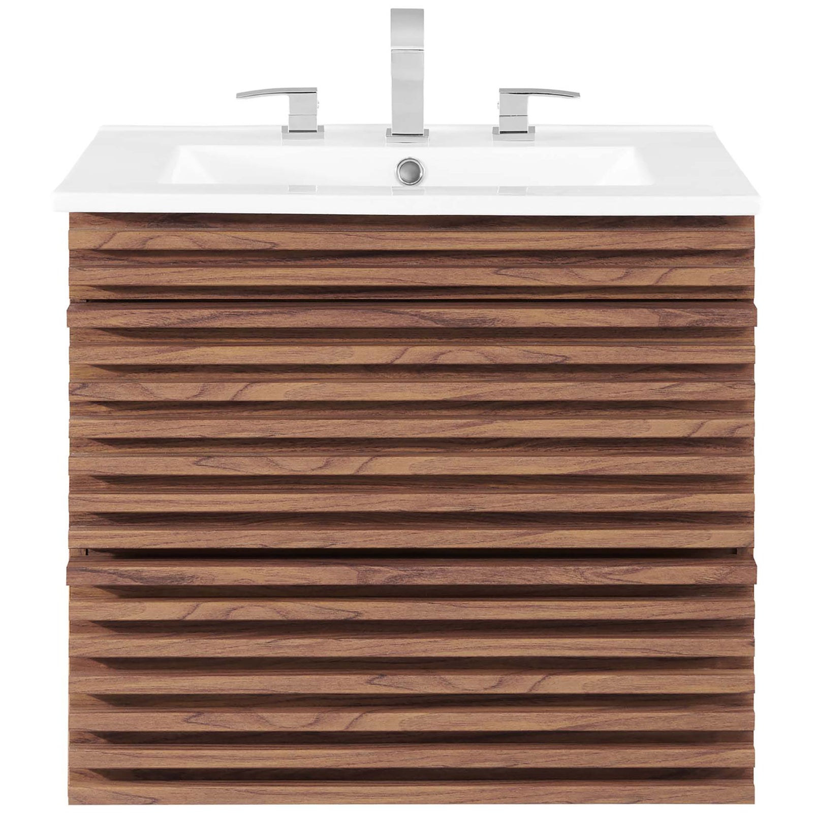 24-inch floating vanity showcasing walnut slat fronts and a crisp white ceramic top, faucet shown. || EEI-4433-WAL-WHI || front_studio